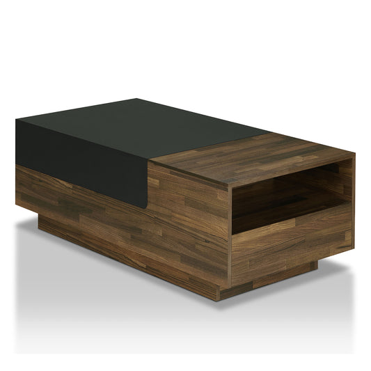 Left angled contemporary light hickory and black sliding top one-drawer coffee table on a white background