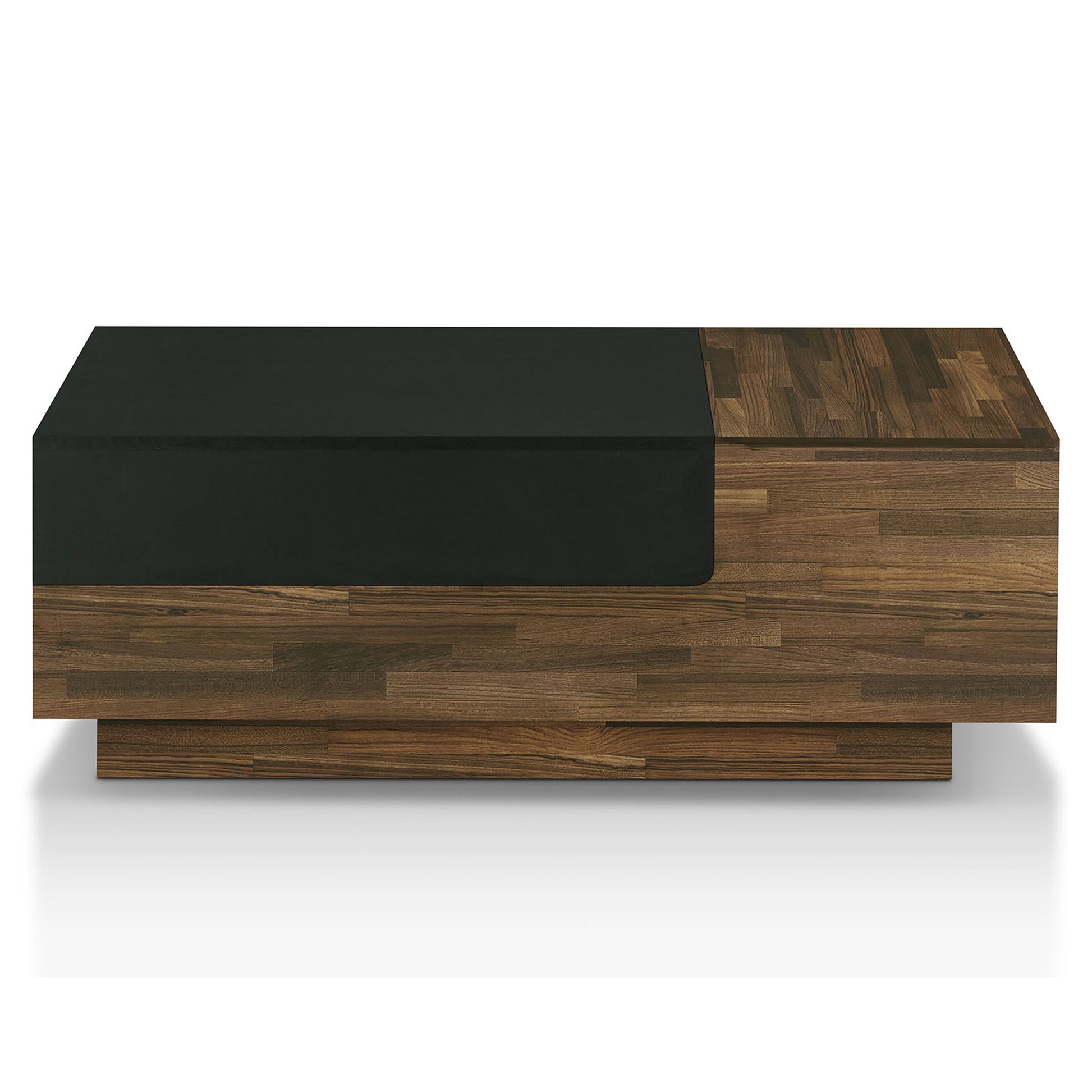 Front-facing contemporary light hickory and black sliding top one-drawer coffee table on a white background