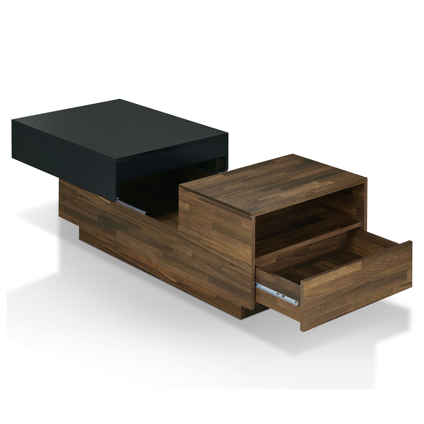 Left angled contemporary light hickory and black sliding top one-drawer coffee table with top and drawer open on a white background