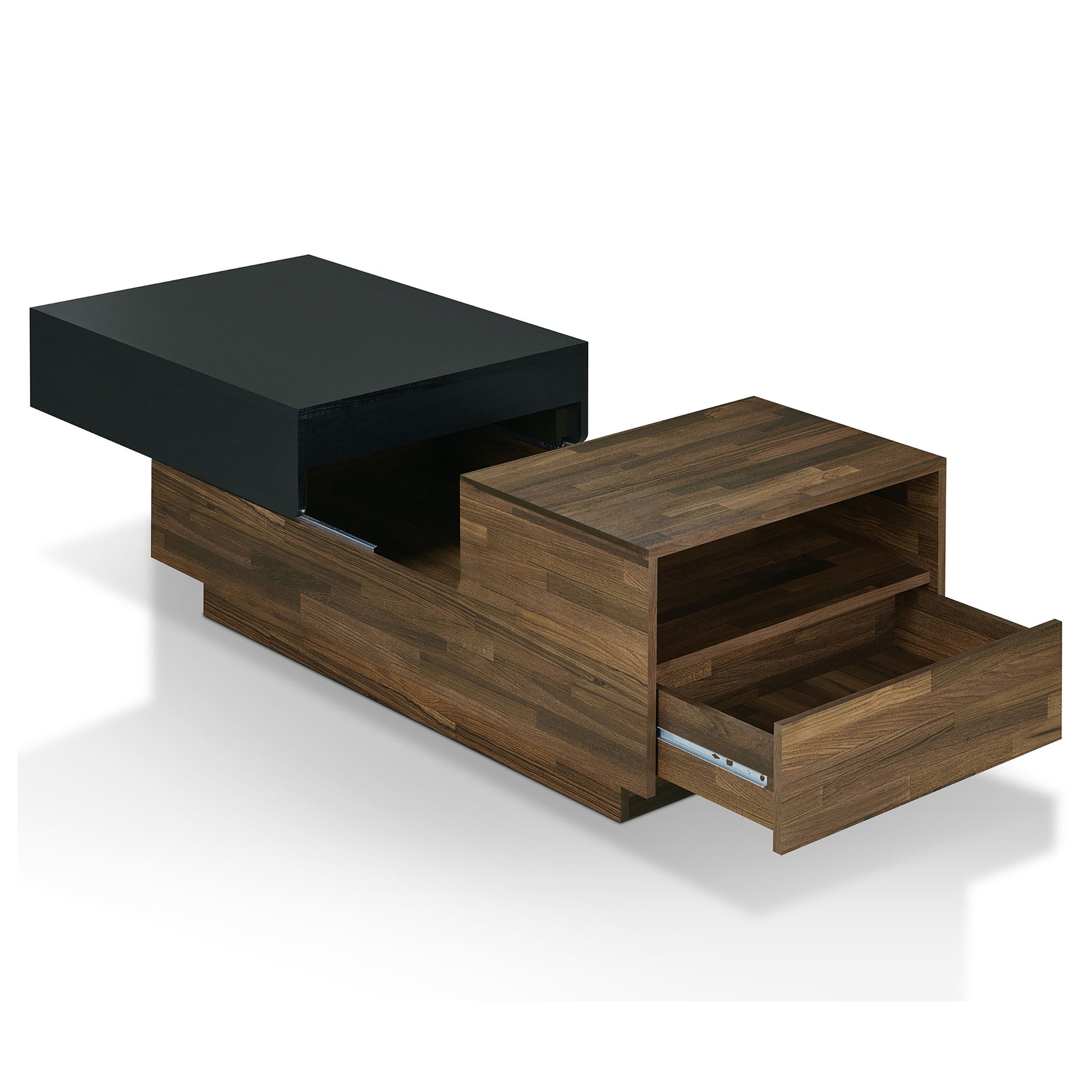 Left angled contemporary light hickory and black sliding top one-drawer coffee table with top and drawer open on a white background