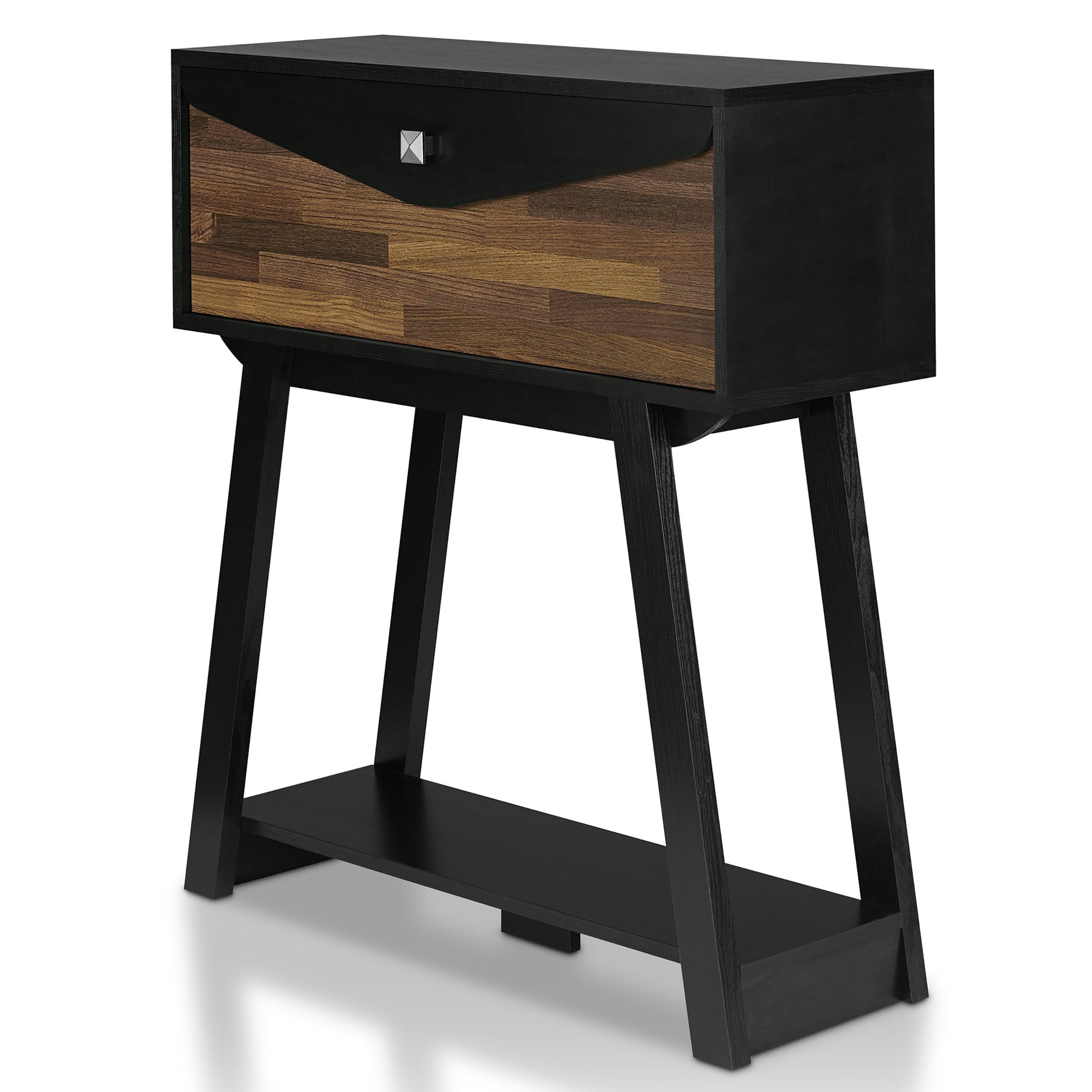 Left angled modern black and wood one-drawer console table with a shelf on a white background