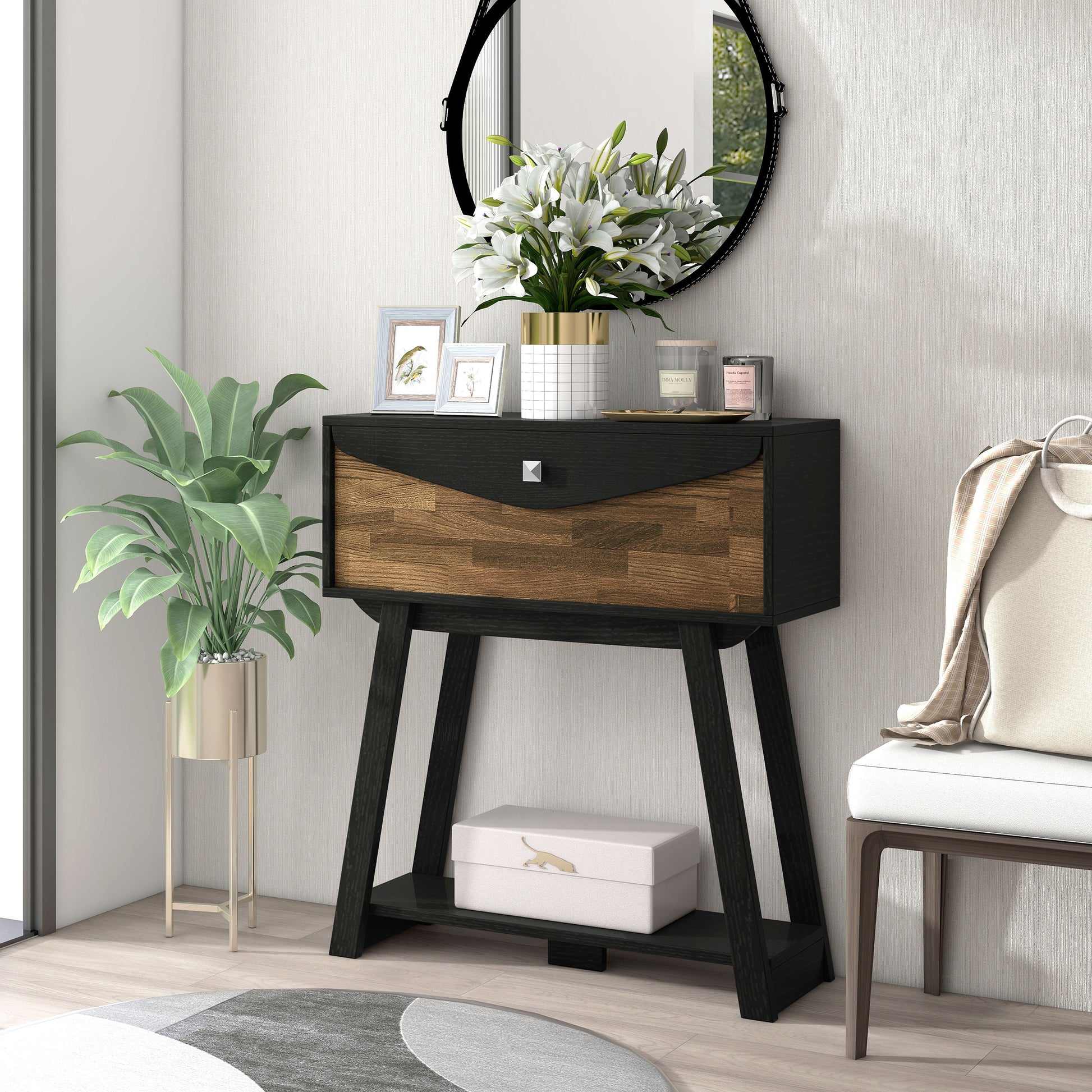 Left angled modern black and wood one-drawer console table with a shelf in a living room with accessories