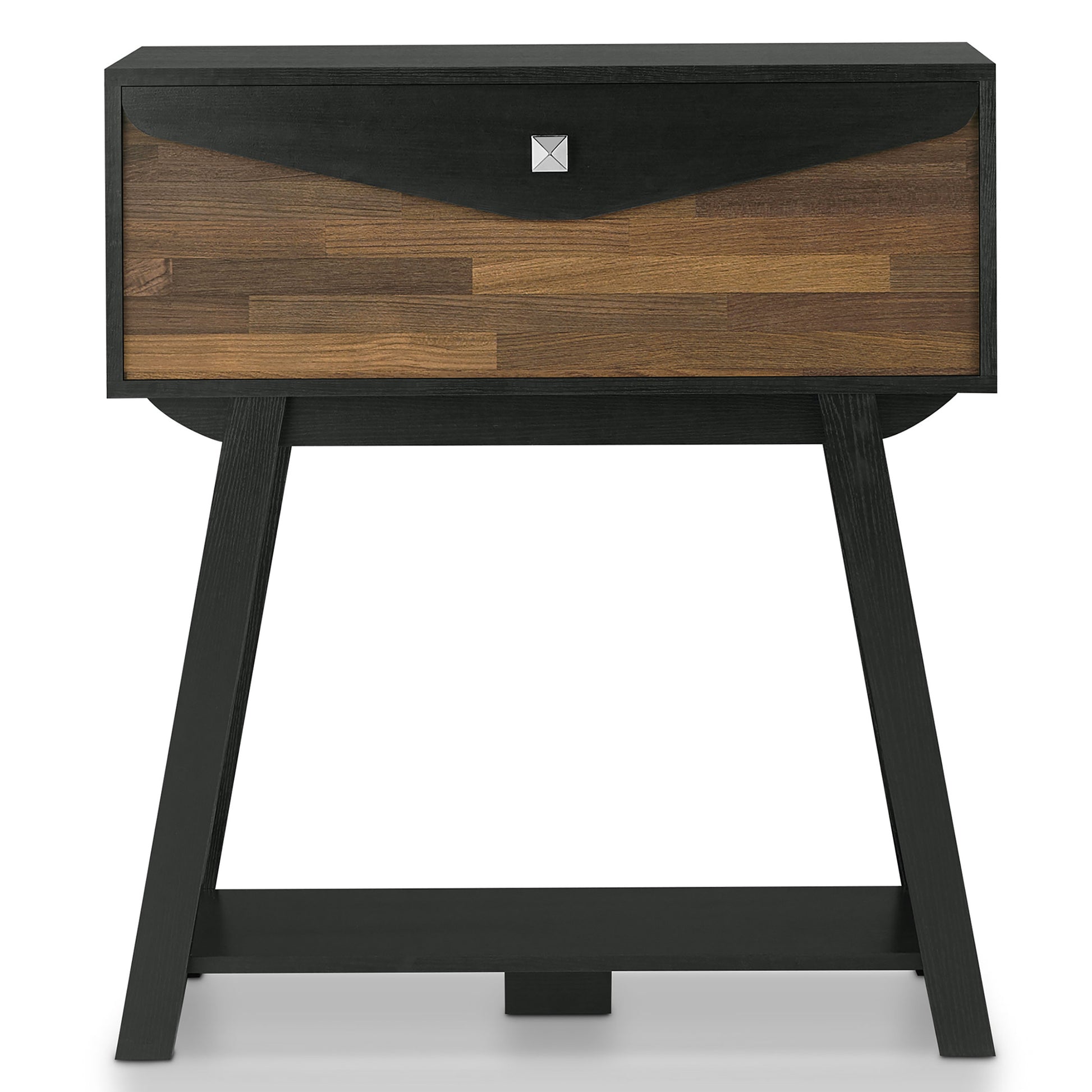 Front-facing modern black and wood one-drawer console table with a shelf on a white background