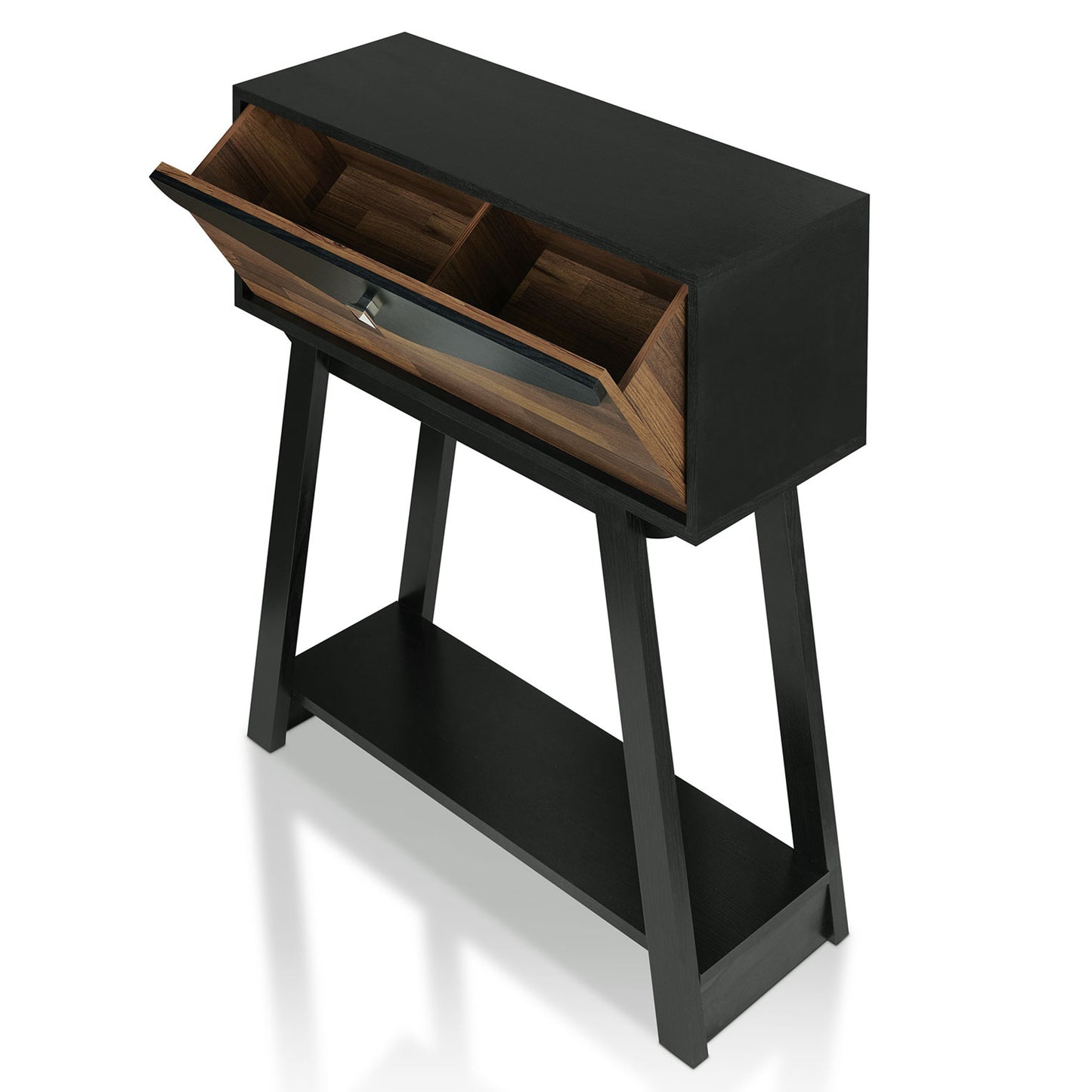 Left angled bird's eye view of a modern black and wood one-drawer console table with a shelf with drawer open on a white background