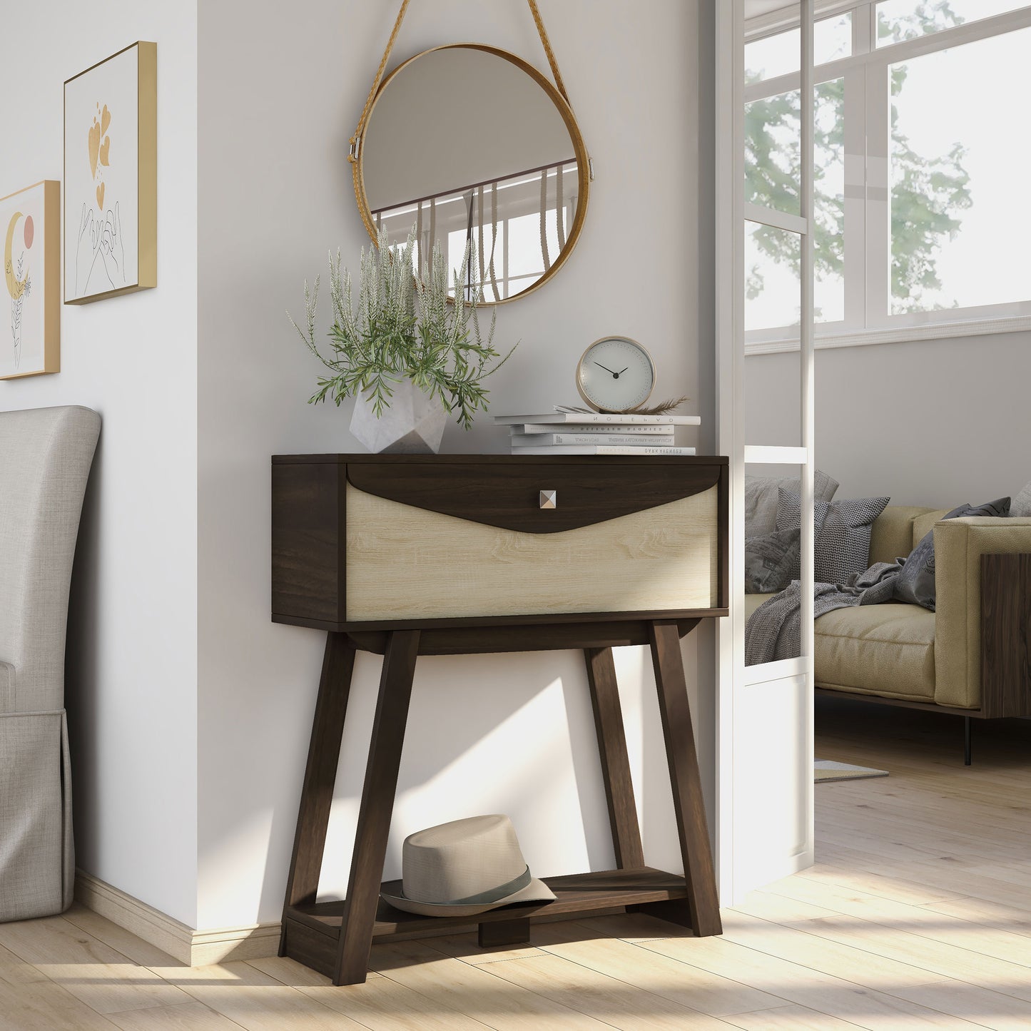 Right angled modern wenge and light wood one-drawer console table with a shelf in a living room with accessories