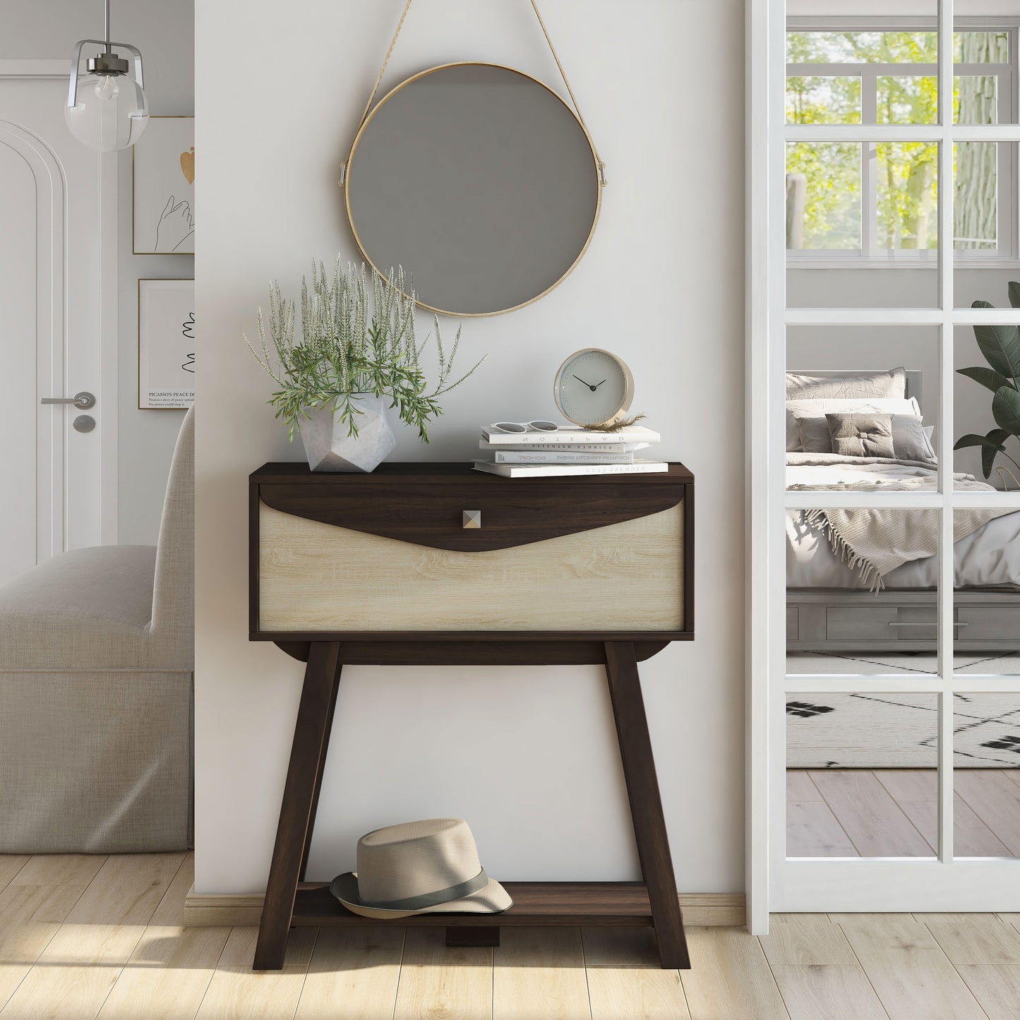 Front-facing modern wenge and light wood one-drawer console table with a shelf in a living room with accessories