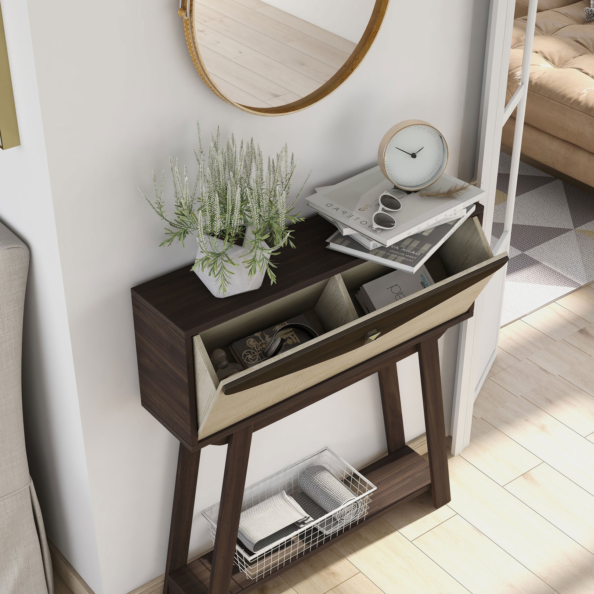 Right angled bird's eye view of a modern wenge and light wood one-drawer console table with a shelf with drawer open in a living room with accessories