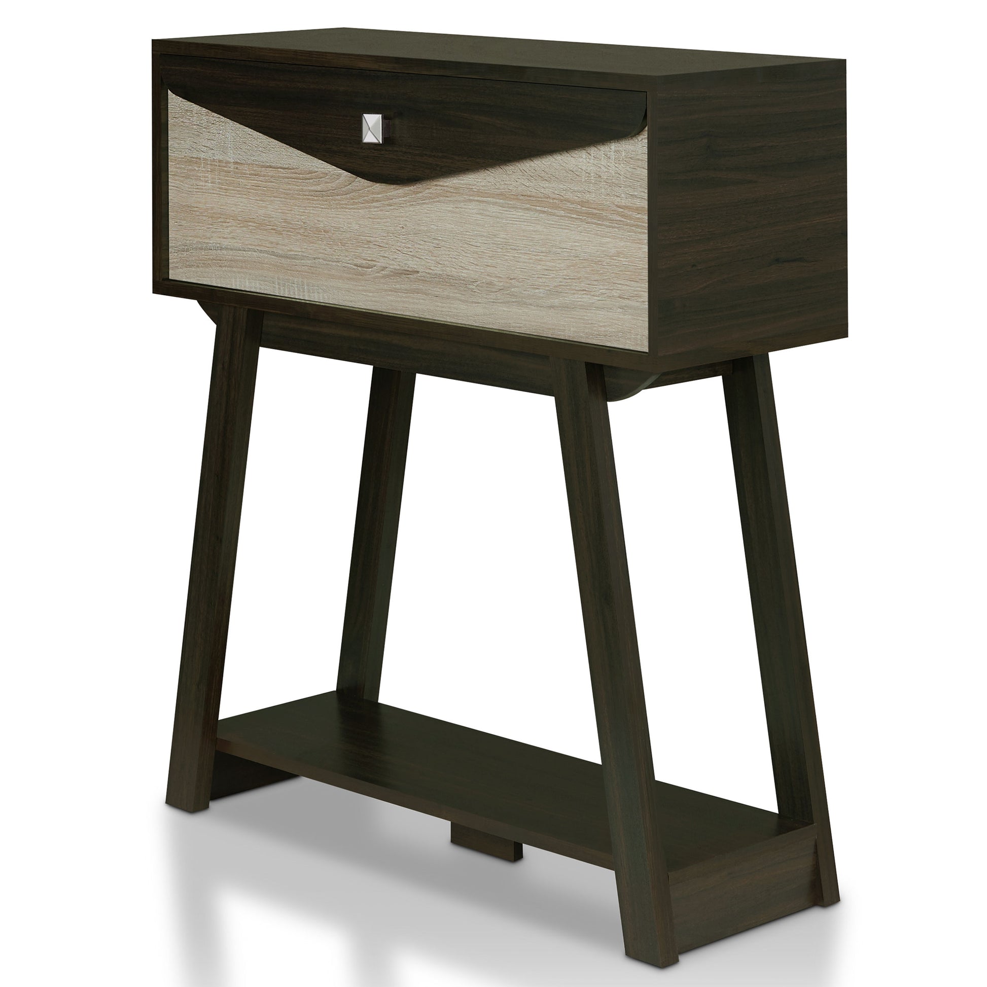 Left angled modern wenge and light wood one-drawer console table with a shelf on a white background