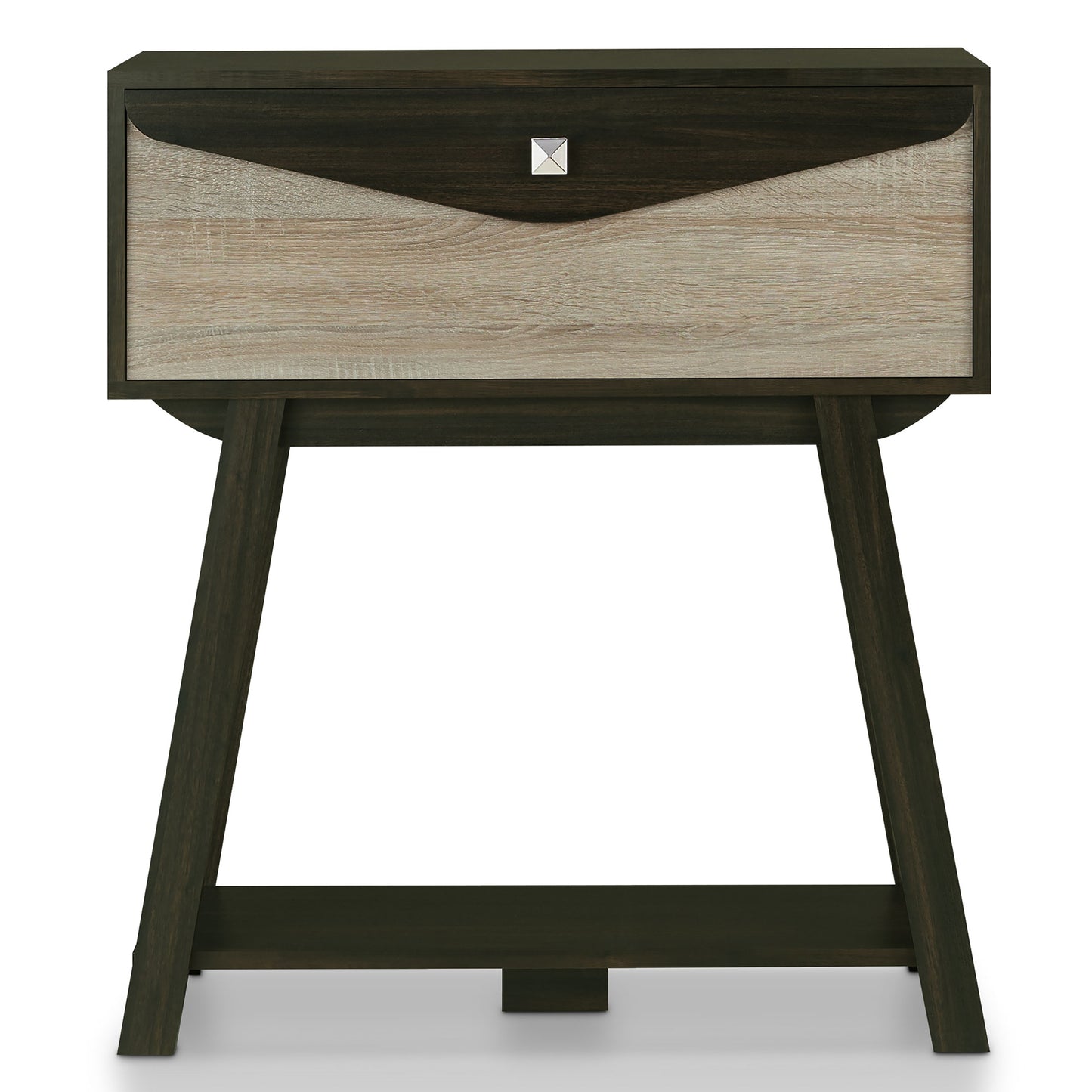 Front-facing modern wenge and light wood one-drawer console table with a shelf on a white background