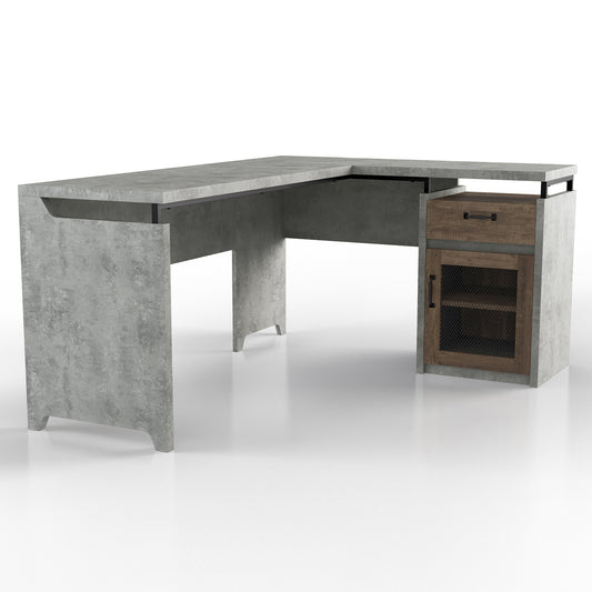 Right angled rustic cement and wood mixed material multi-storage L-shaped desk on a white background