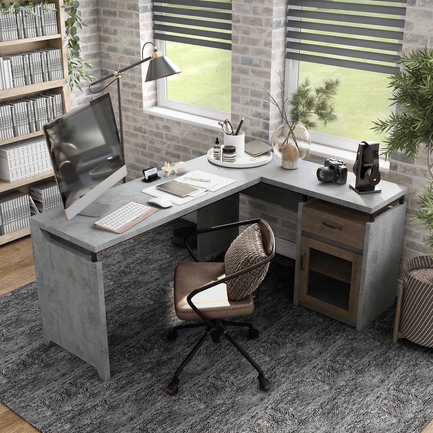 Right angled bird's eye view of a rustic cement and wood mixed material multi-storage L-shaped desk in a home office with accessories