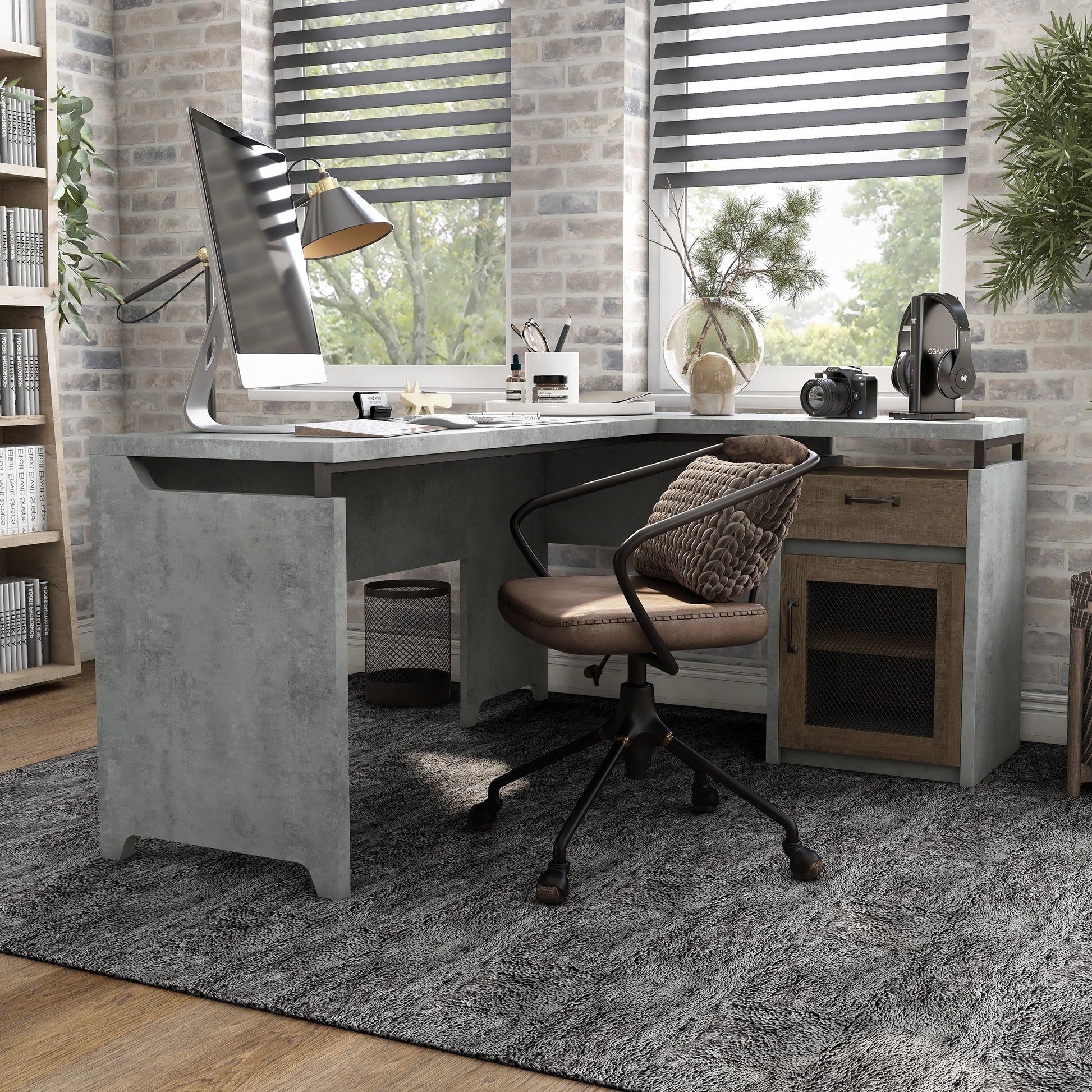 Right angled rustic cement and wood mixed material multi-storage L-shaped desk in a home office with accessories