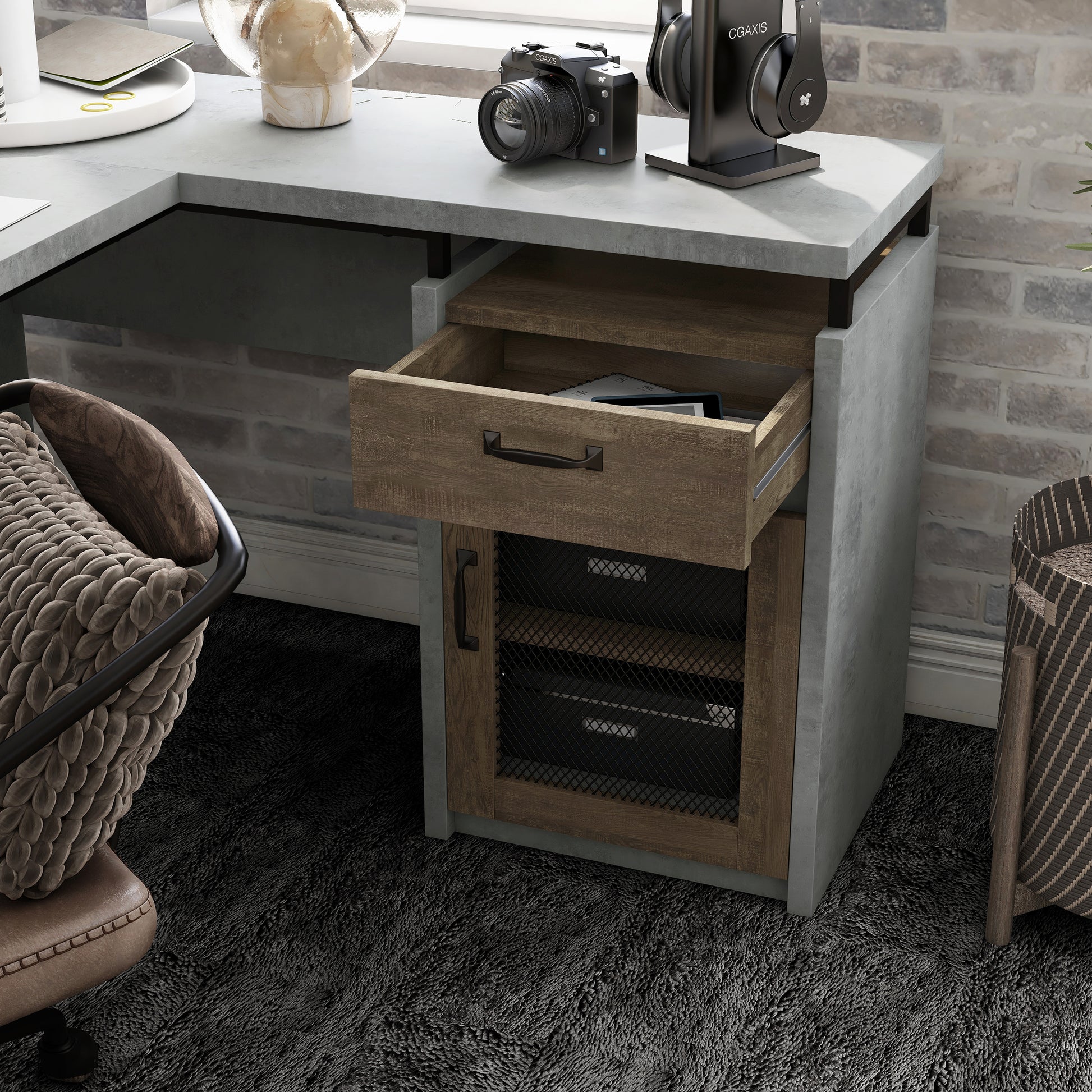 Right angled close-up rustic cement and wood mixed material multi-storage L-shaped desk with drawer open in a home office with accessories