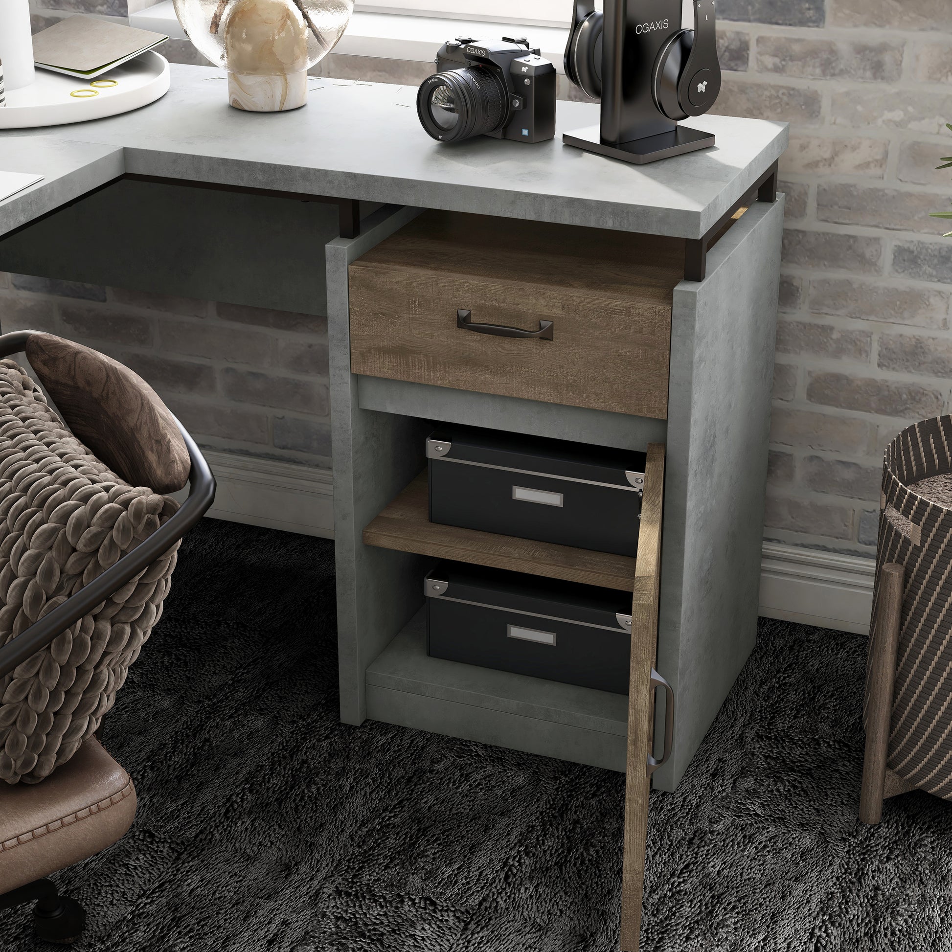 Right angled close-up rustic cement and wood mixed material multi-storage L-shaped desk with mesh door open in a home office with accessories