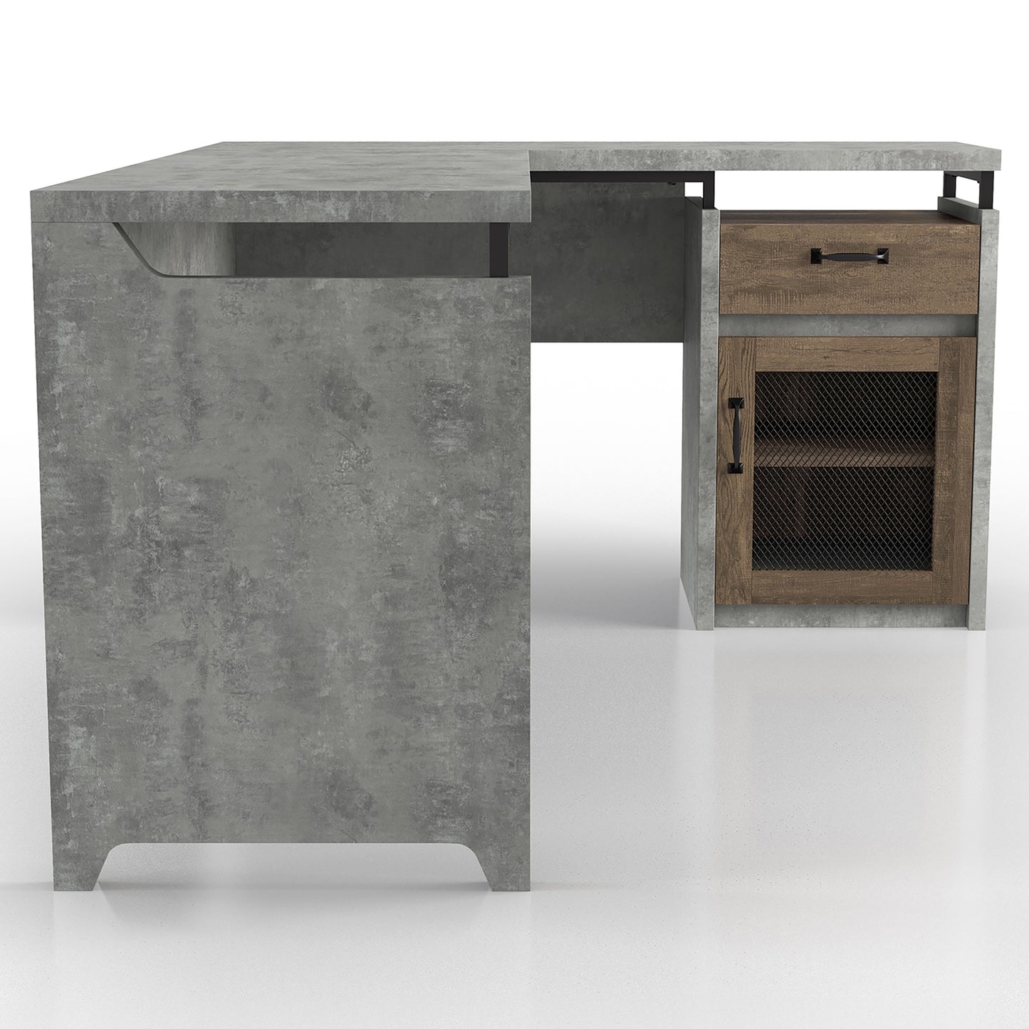 Front-facing side view of a rustic cement and wood mixed material multi-storage L-shaped desk on a white background