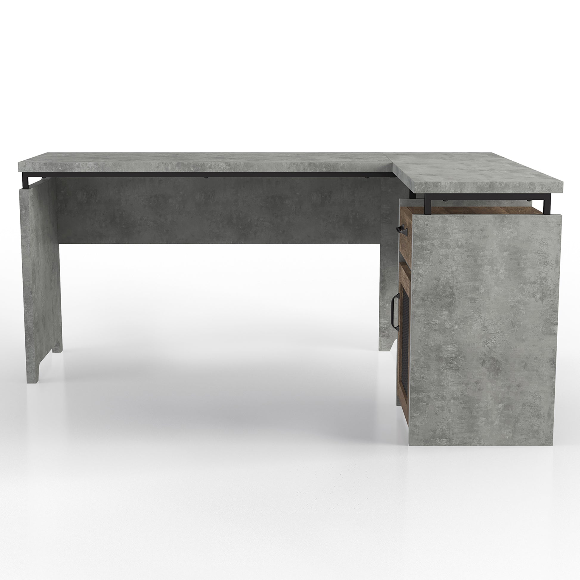 Front-facing rustic cement and wood mixed material multi-storage L-shaped desk on a white background