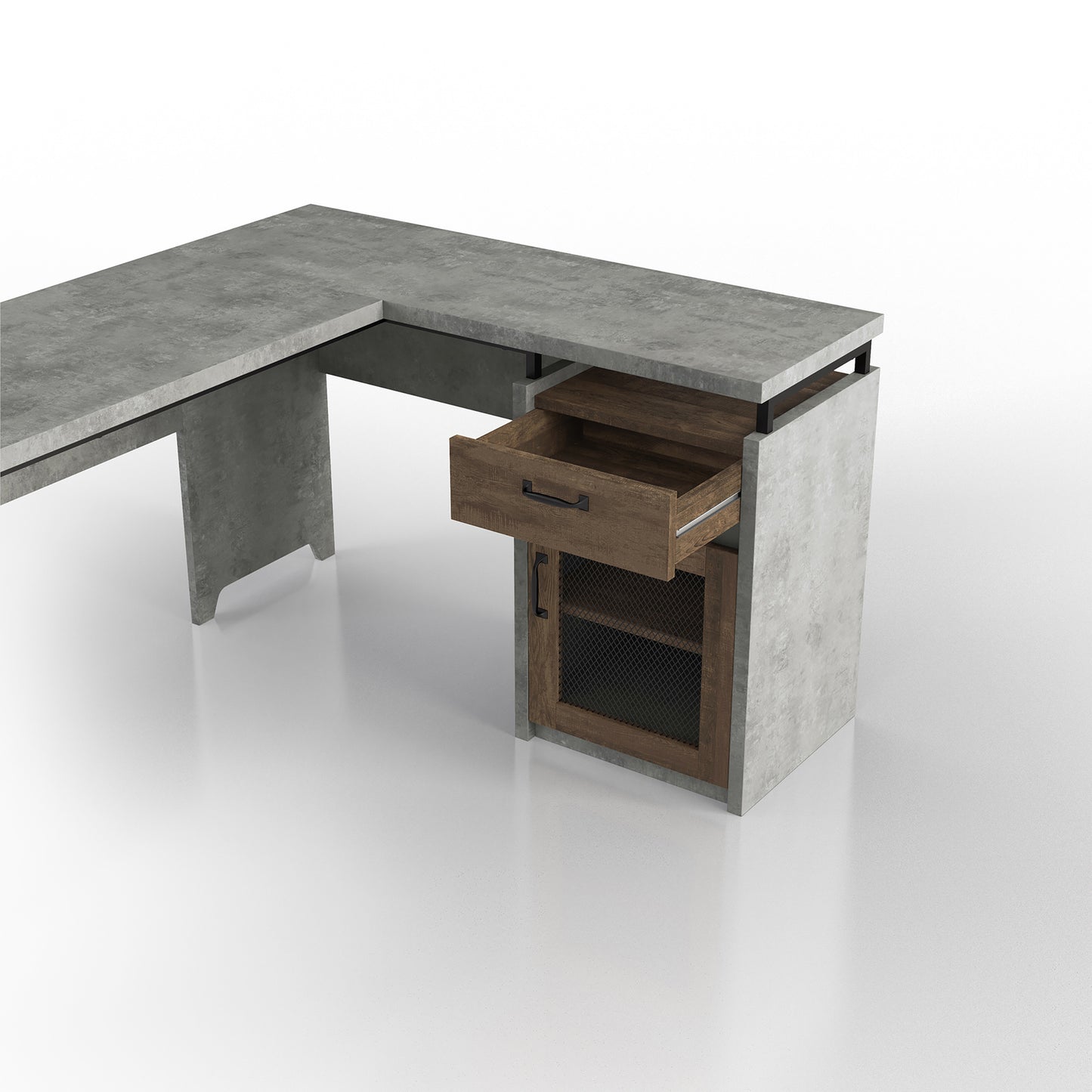 Right angled close-up view of a rustic cement and wood mixed material multi-storage L-shaped desk with drawer open on a white background