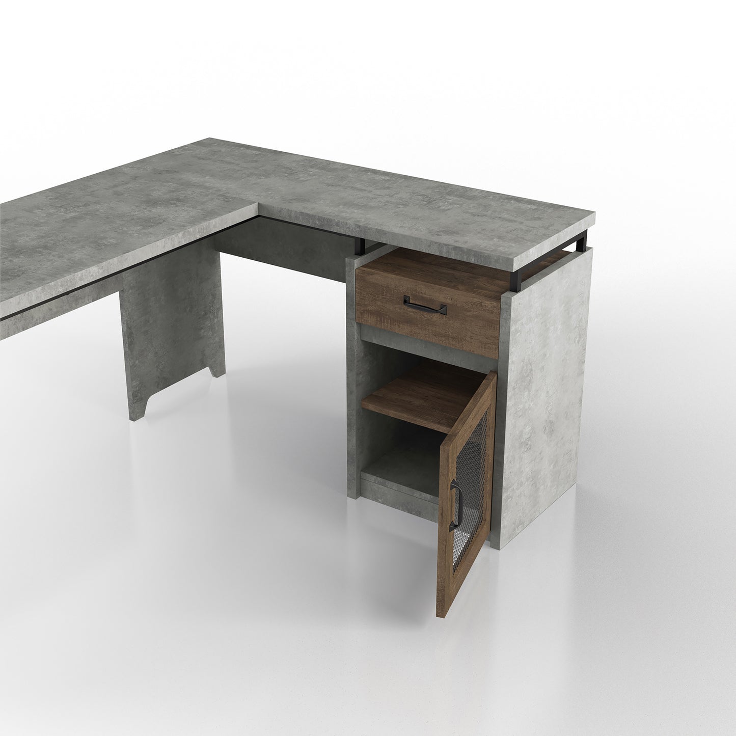 Right angled close-up view of a rustic cement and wood mixed material multi-storage L-shaped desk with mesh door open on a white background