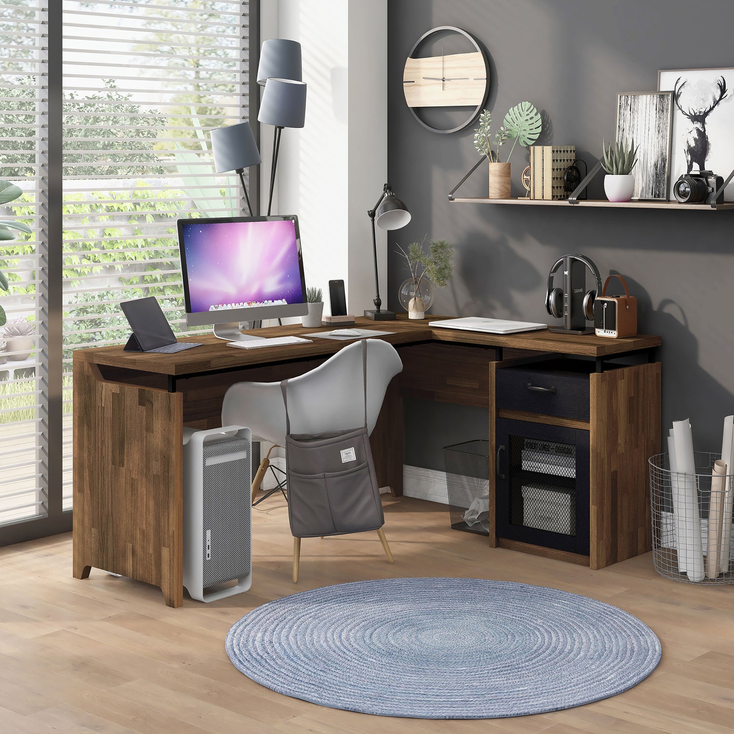 Right angled rustic light hickory and black mixed material multi-storage L-shaped desk in a home office with accessories