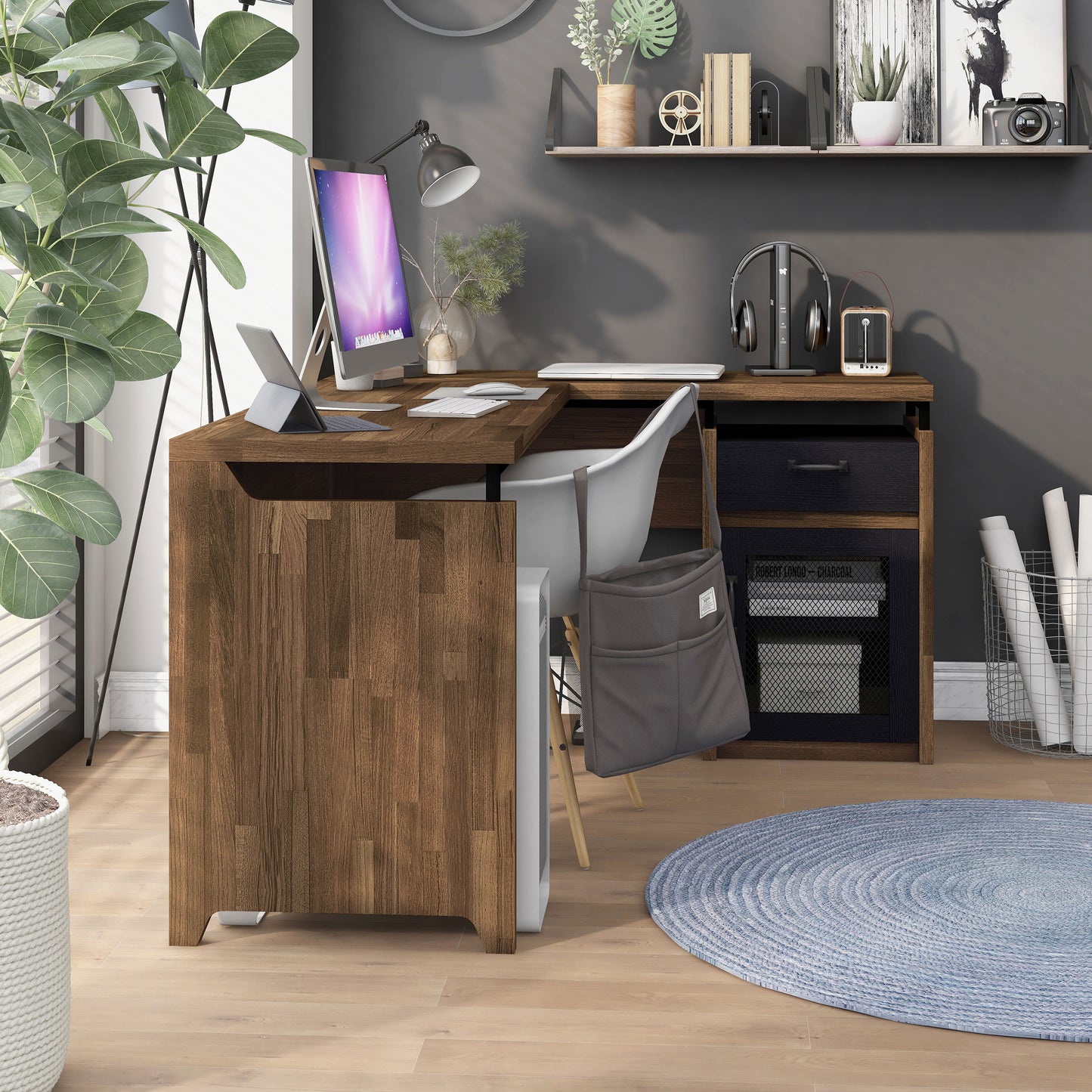 Right angled rustic light hickory and black mixed material multi-storage L-shaped desk in a home office with accessories