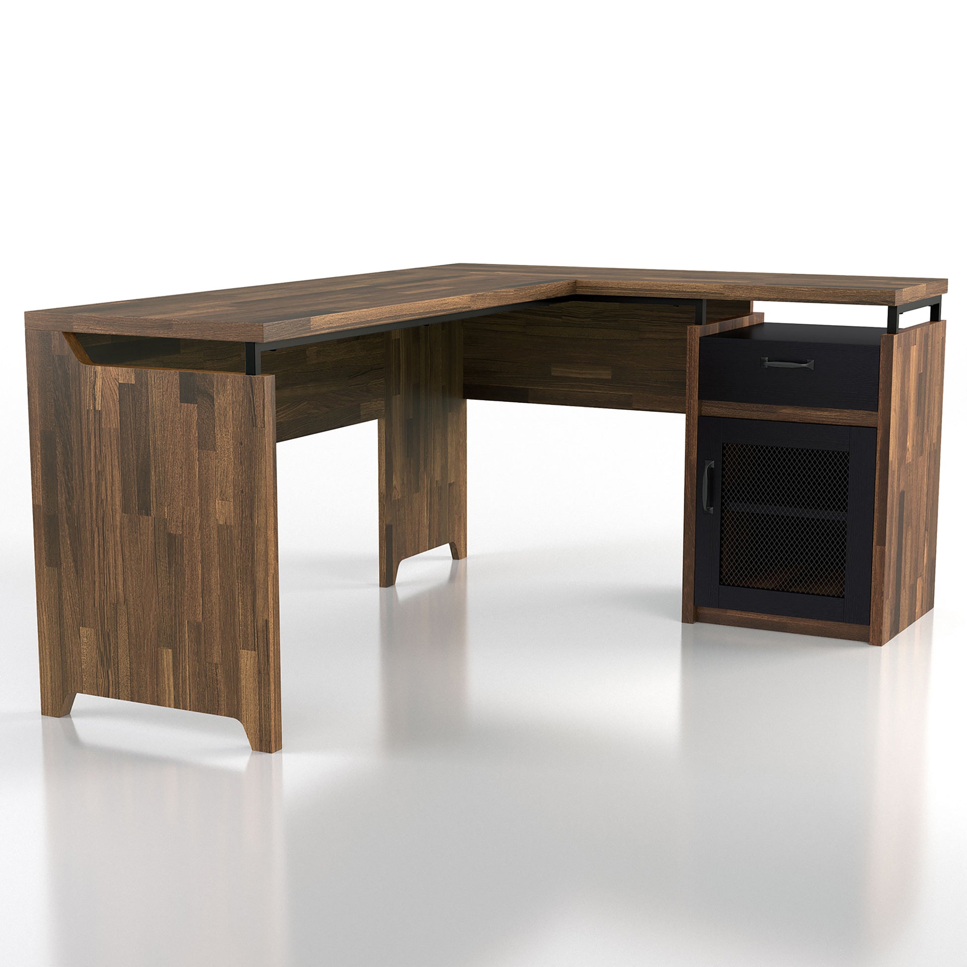 Right angled rustic light hickory and black mixed material multi-storage L-shaped desk on a white background