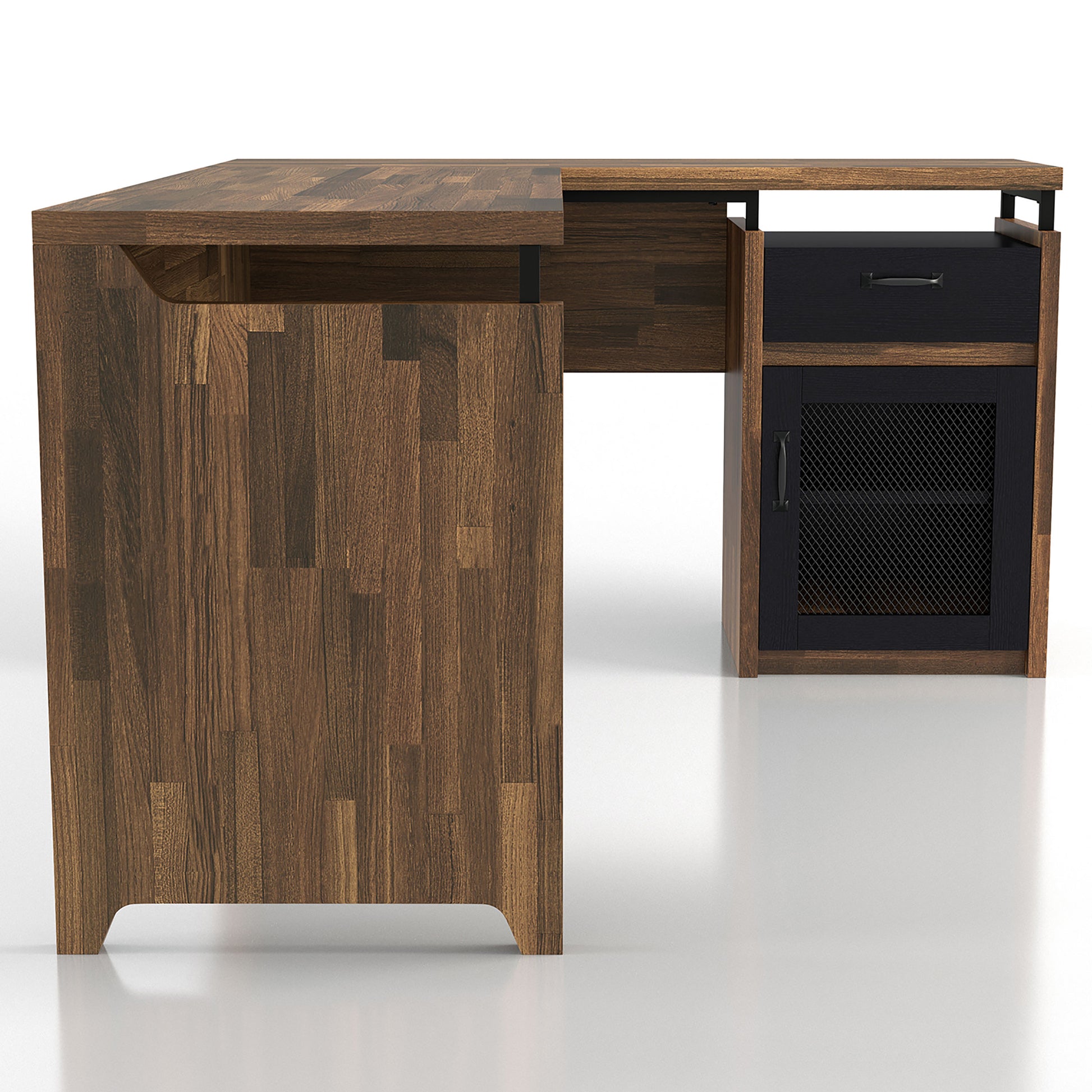 Front-facing side view of a rustic light hickory and black mixed material multi-storage L-shaped desk on a white background