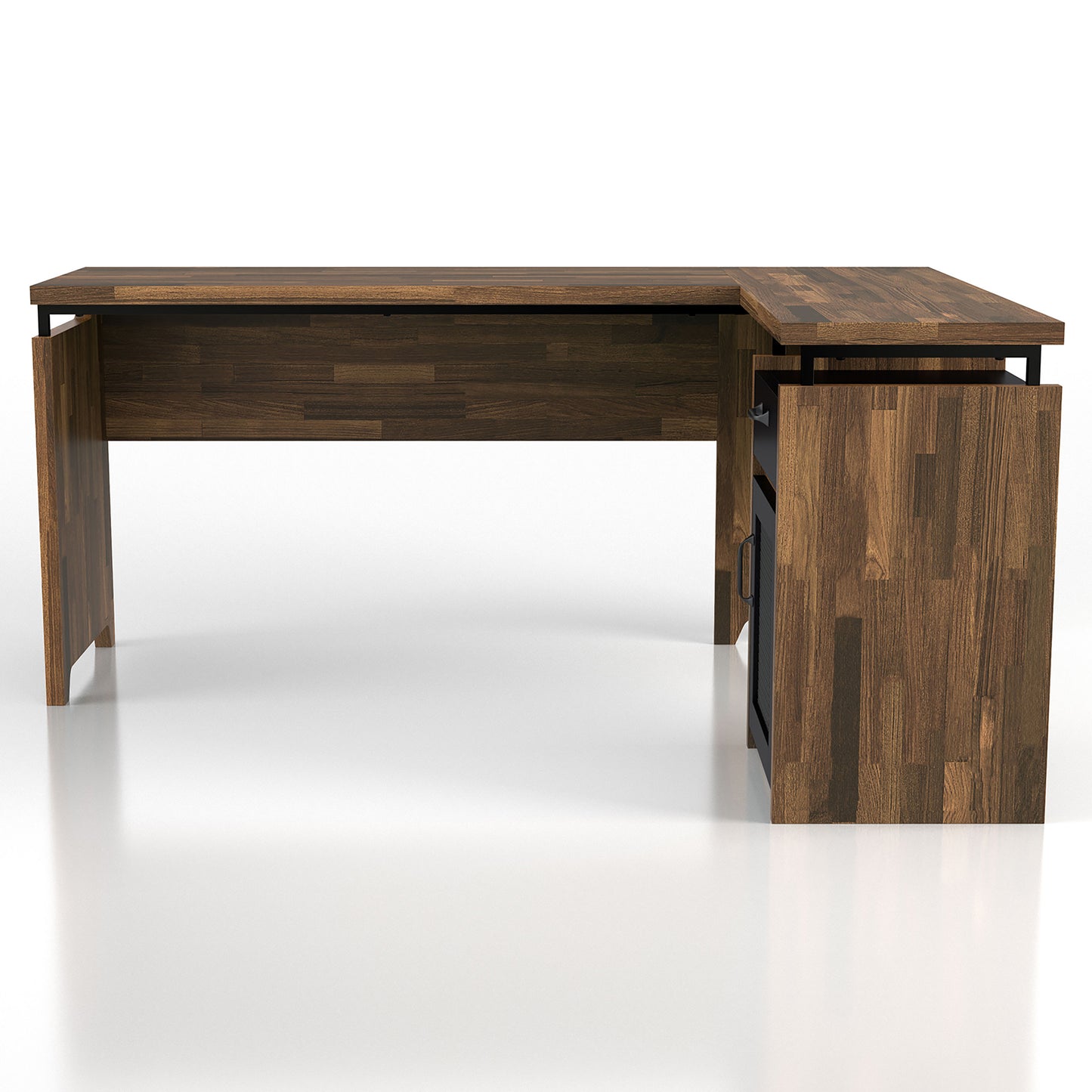 Front-facing rustic light hickory and black mixed material multi-storage L-shaped desk on a white background