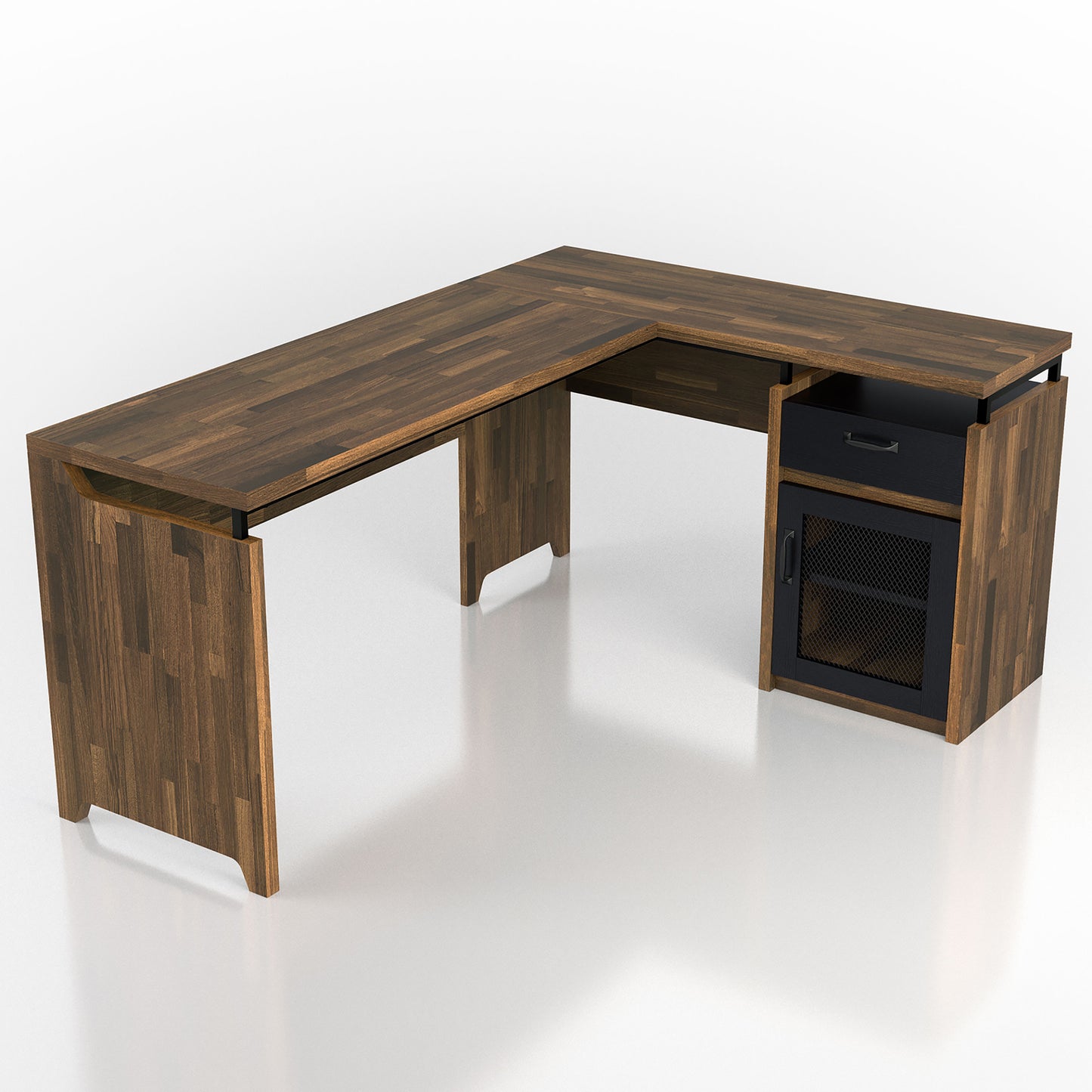 Right angled bird's eye view of a rustic light hickory and black mixed material multi-storage L-shaped desk on a white background