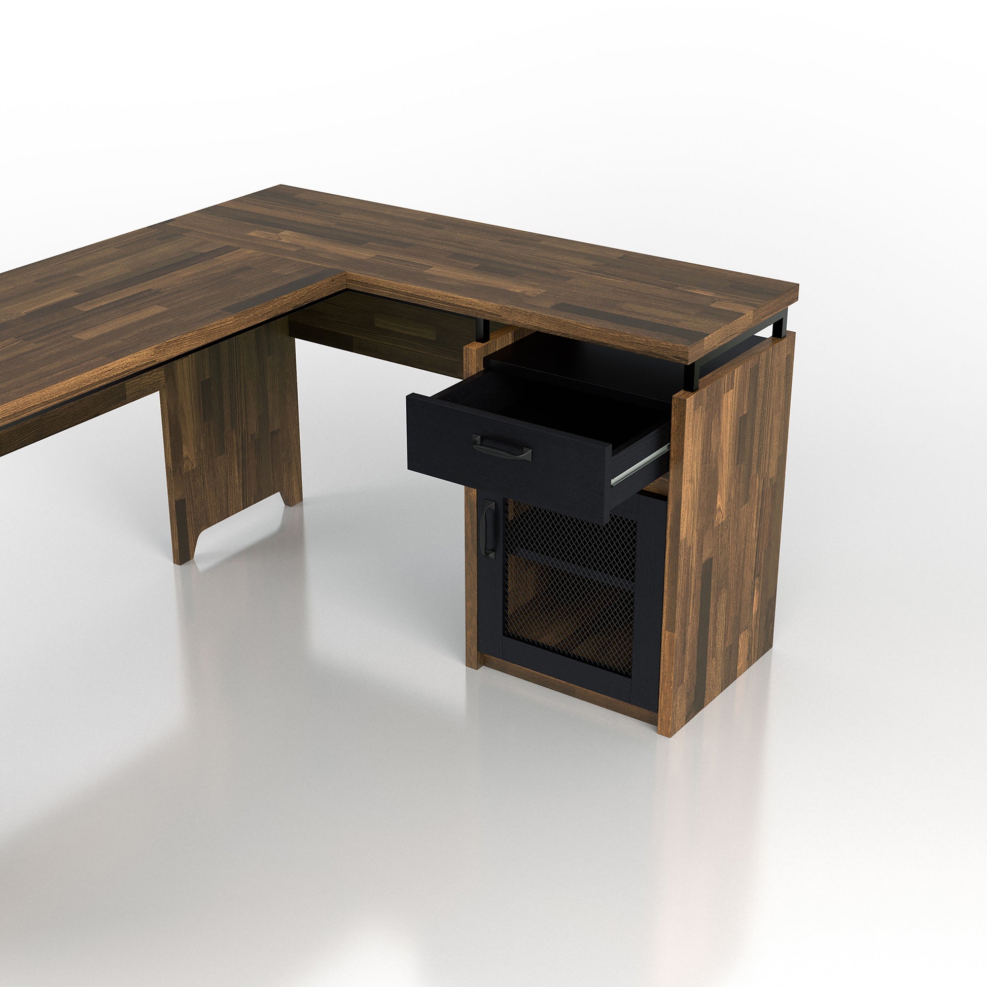 Right angled close-up view of a rustic light hickory and black mixed material multi-storage L-shaped desk with drawer open on a white background