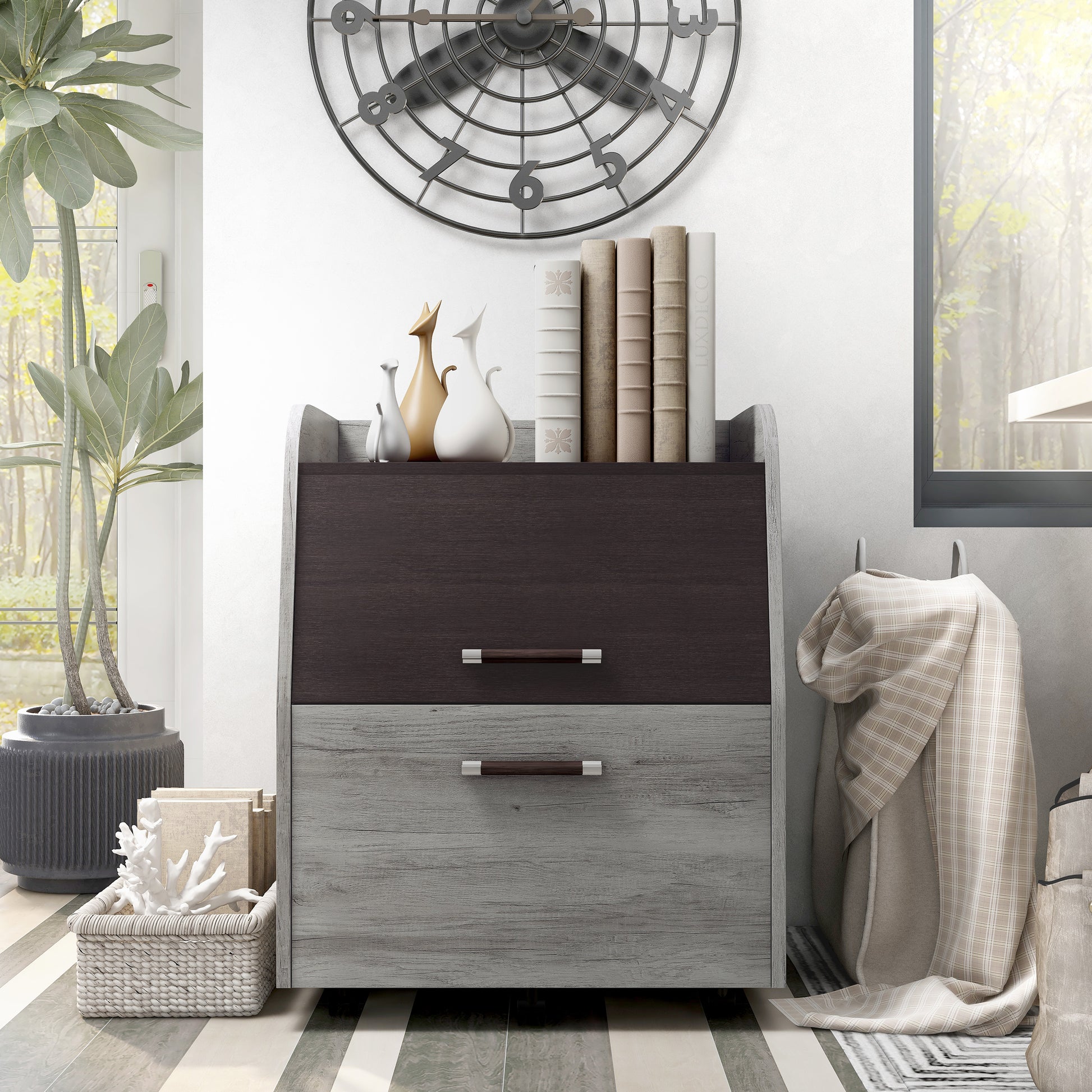 Front-facing transitional vintage gray oak and wenge one-drawer mobile file pedestal in a living area with accessories