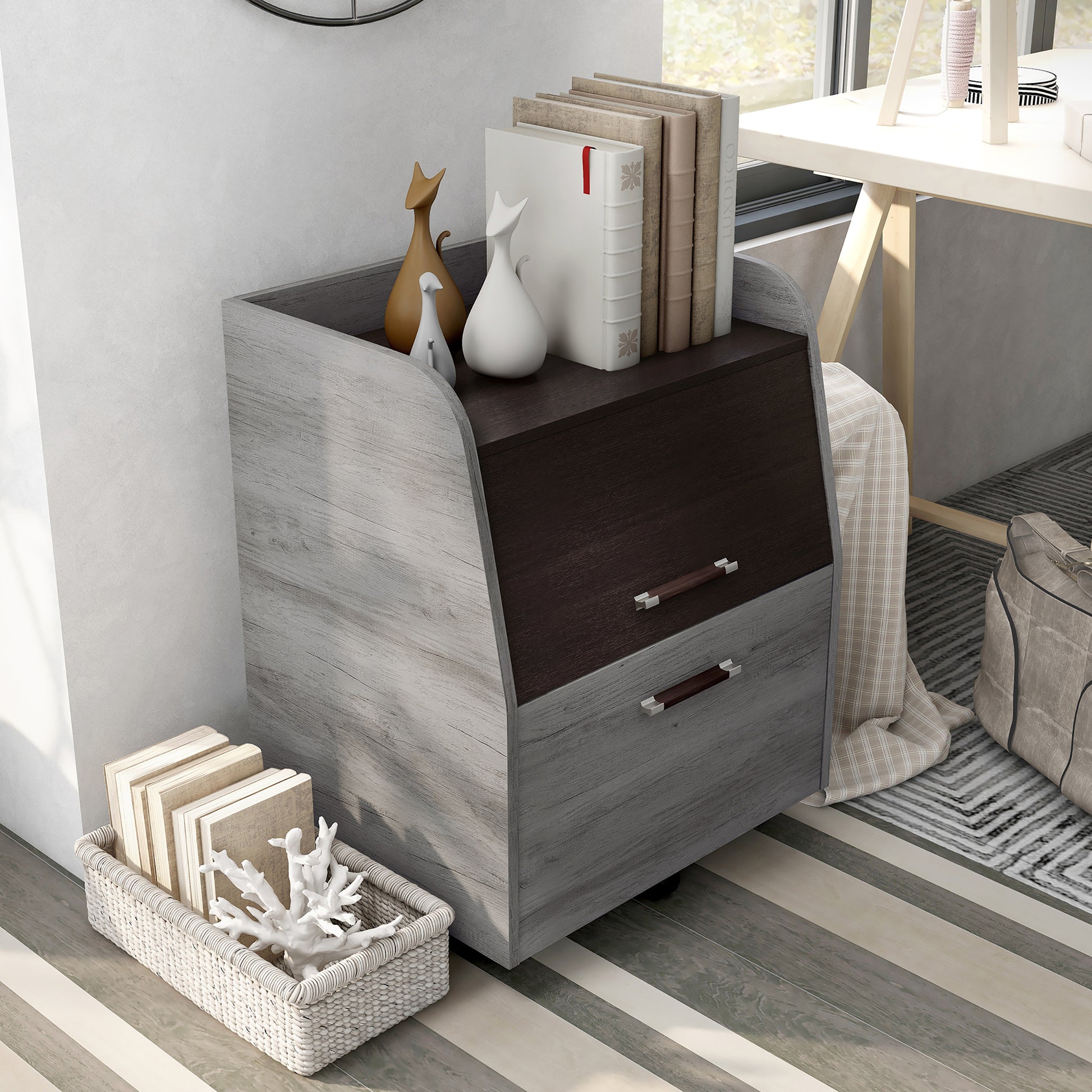 Right angled bird's eye view of a transitional vintage gray oak and wenge one-drawer mobile file pedestal in a living area with accessories