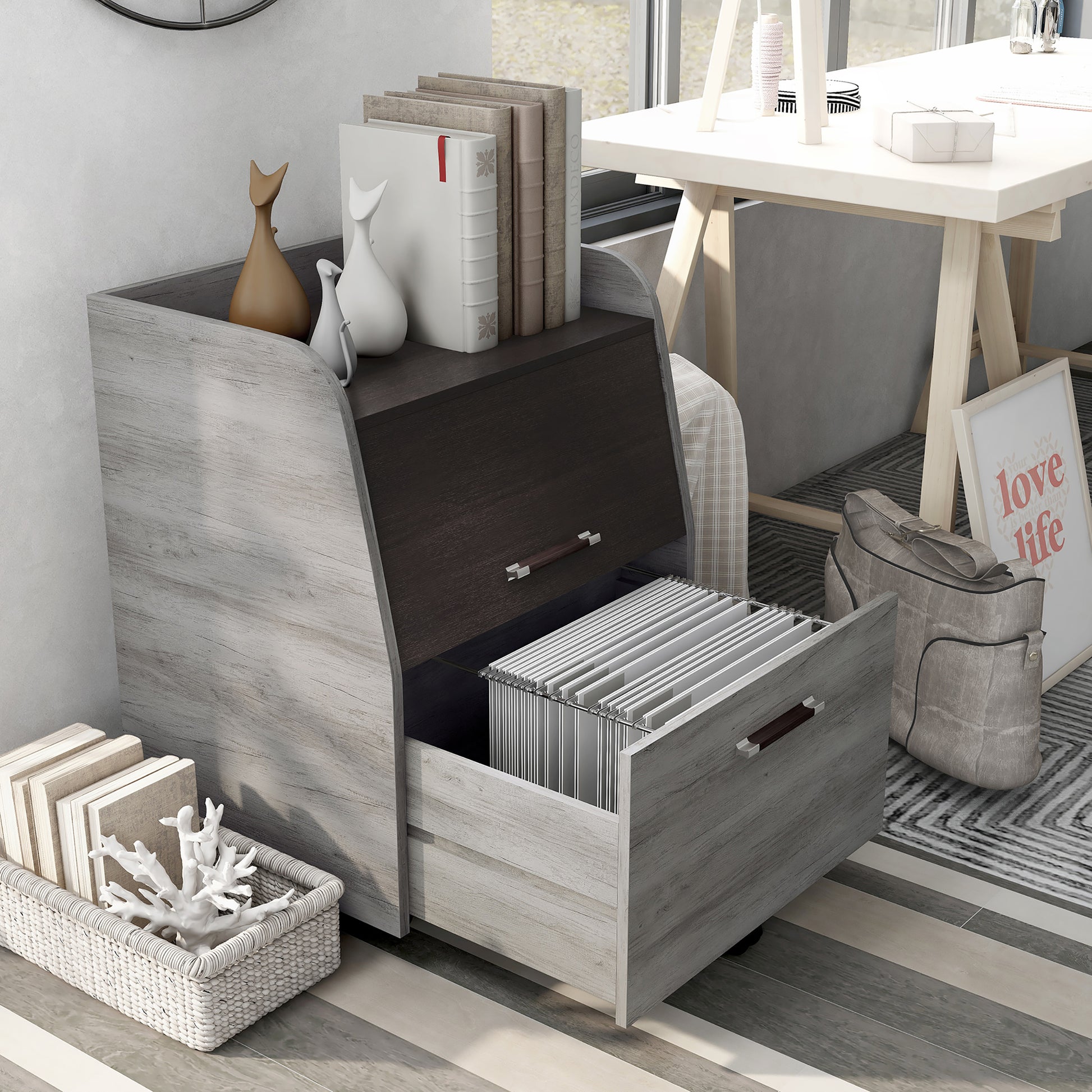 Right angled bird's eye view of a transitional vintage gray oak and wenge one-drawer mobile file pedestal with drawer open in a living area with accessories