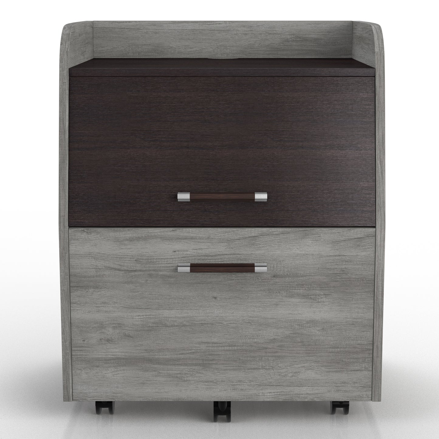 Front-facing transitional vintage gray oak and wenge one-drawer mobile file pedestal on a white background
