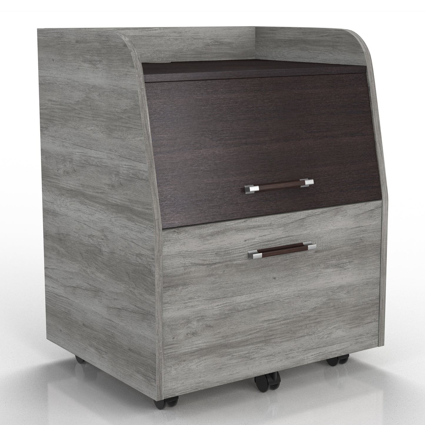 Right angled transitional vintage gray oak and wenge one-drawer mobile file pedestal on a white background