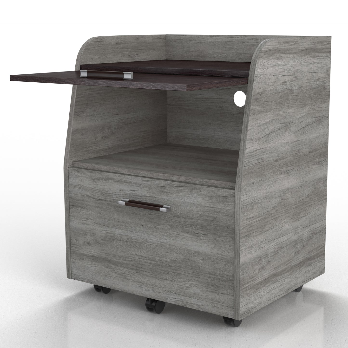 Left angled transitional vintage gray oak and wenge one-drawer mobile file pedestal with door raised on a white background