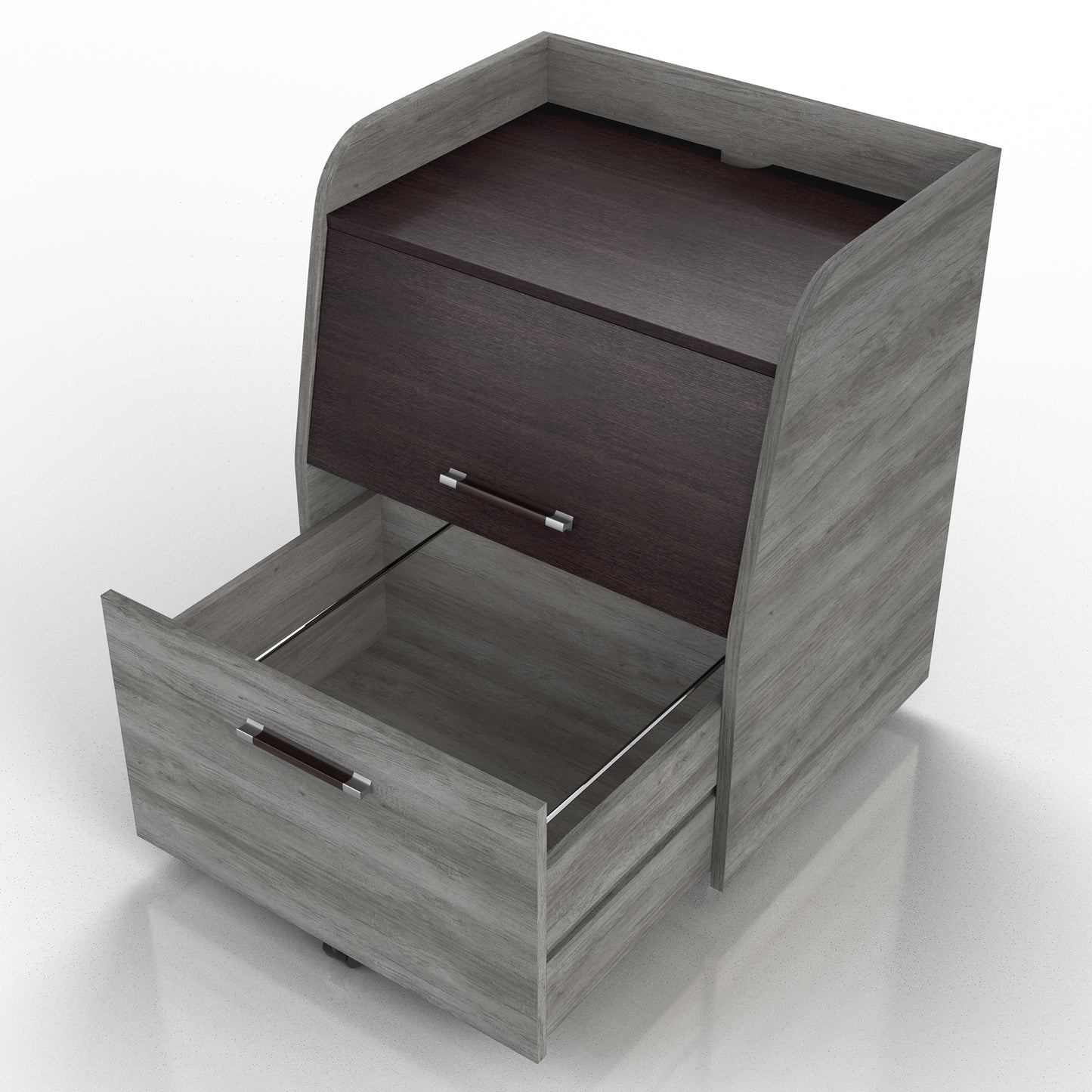 Left angled transitional vintage gray oak and wenge one-drawer mobile file pedestal with drawer open on a white background
