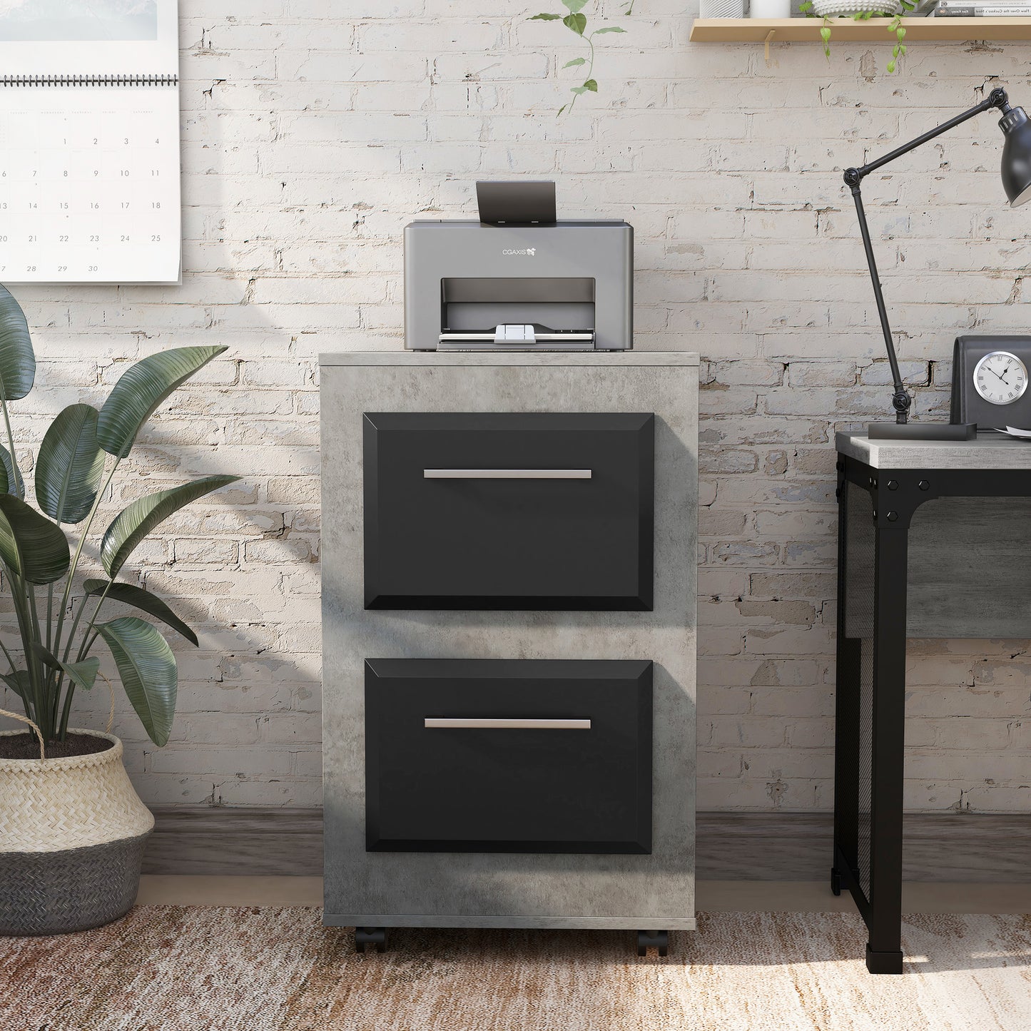 Front-facing contemporary cement two-tone two-drawer mobile file cabinet in a home office with accessories
