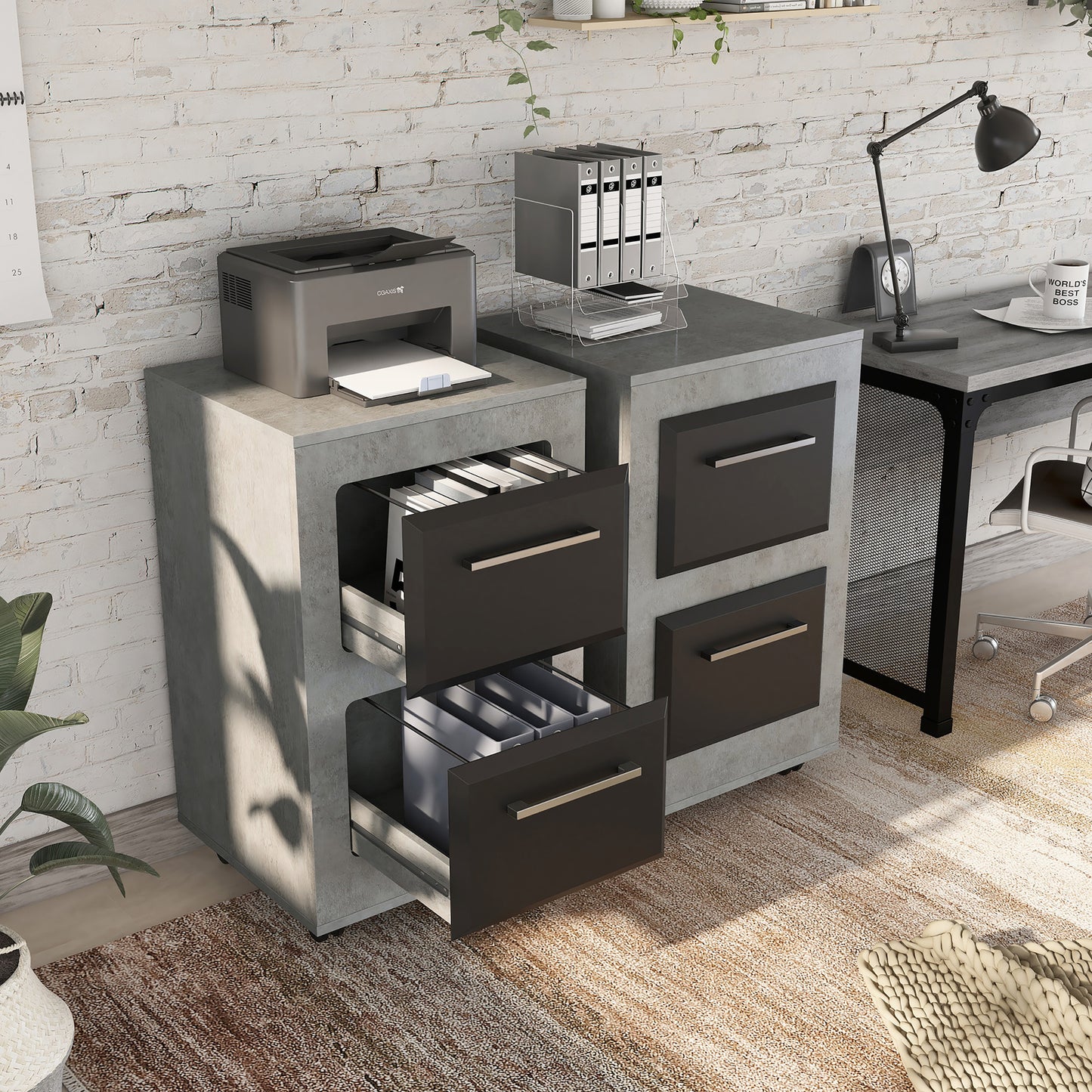 Right angled contemporary cement two-tone two-drawer mobile file cabinet with drawers open and a second cabinet also shown in a home office with accessories