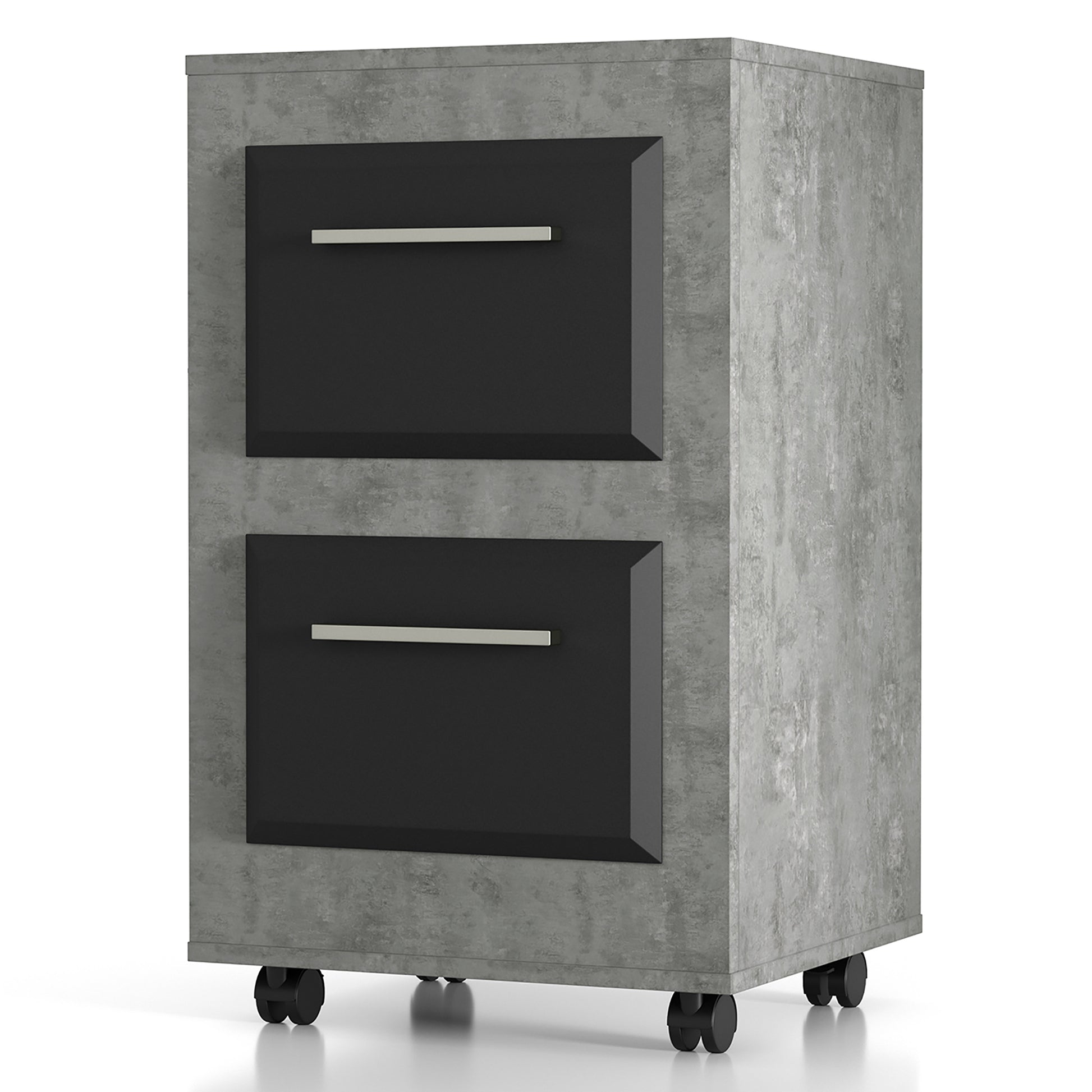 Left angled contemporary cement two-tone two-drawer mobile file cabinet on a white background