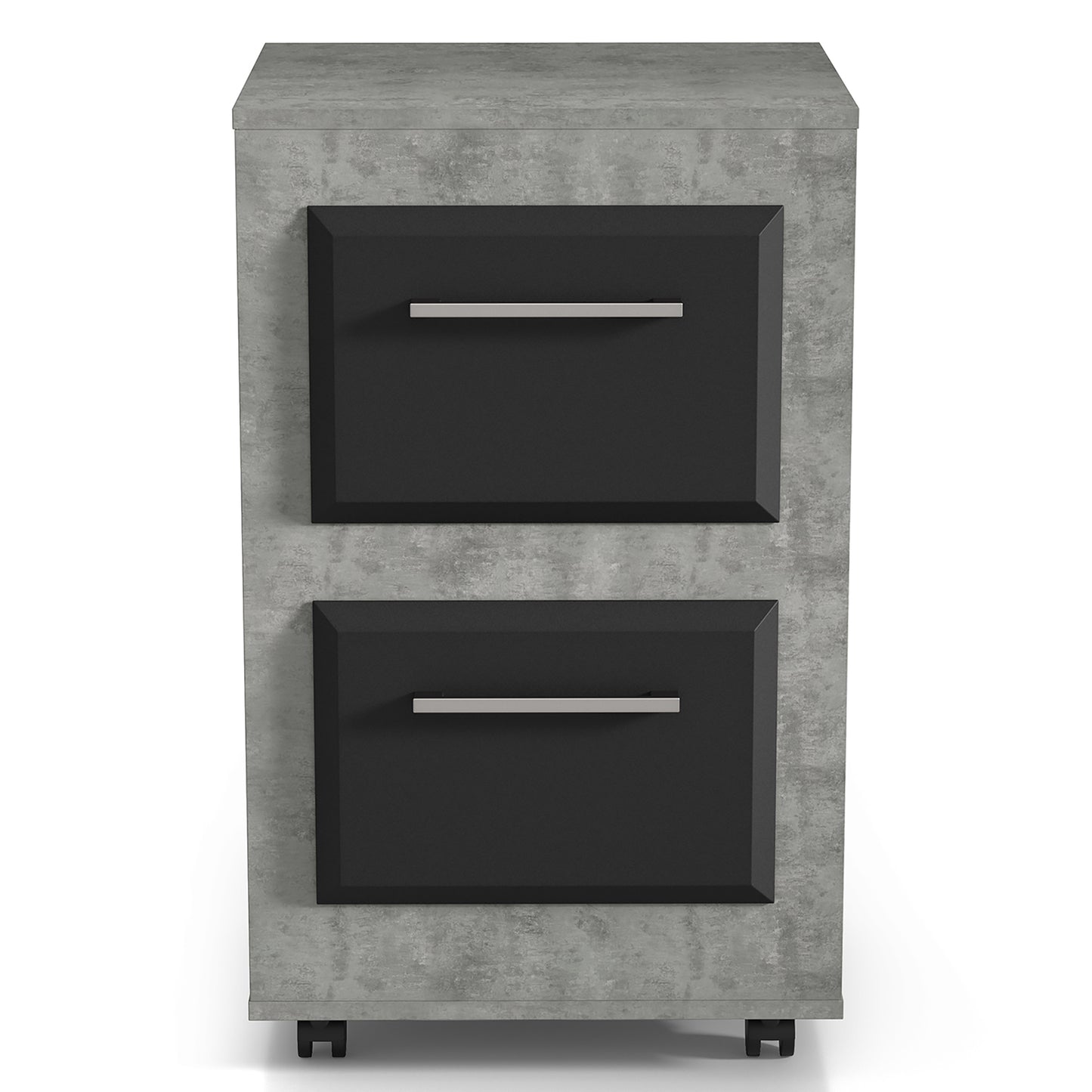 Front-facing contemporary cement two-tone two-drawer mobile file cabinet on a white background
