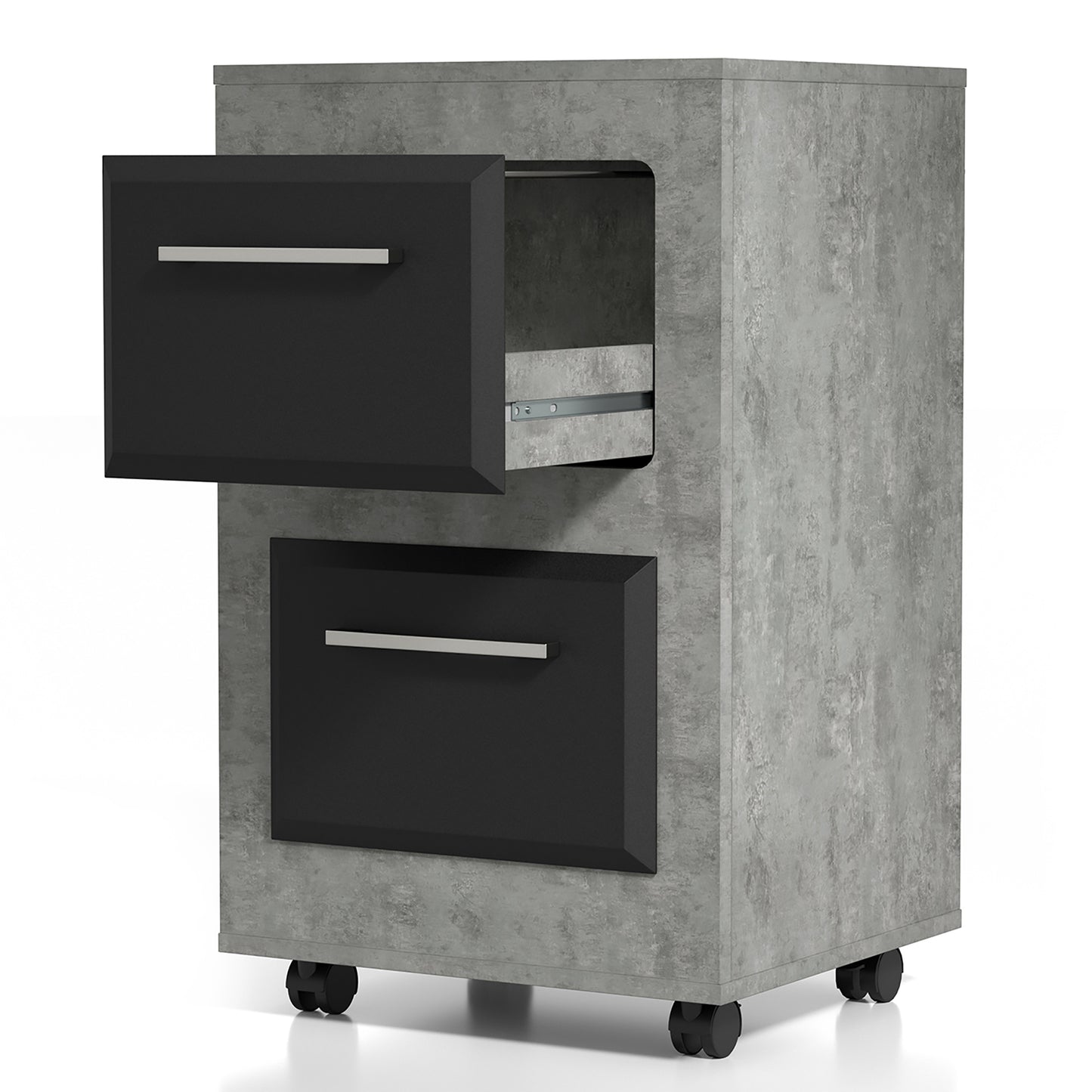 Left angled contemporary cement two-tone two-drawer mobile file cabinet with top drawer open on a white background
