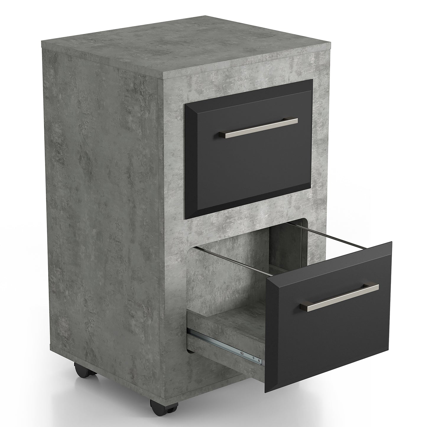 Right angled contemporary cement two-tone two-drawer mobile file cabinet with bottom drawer open on a white background