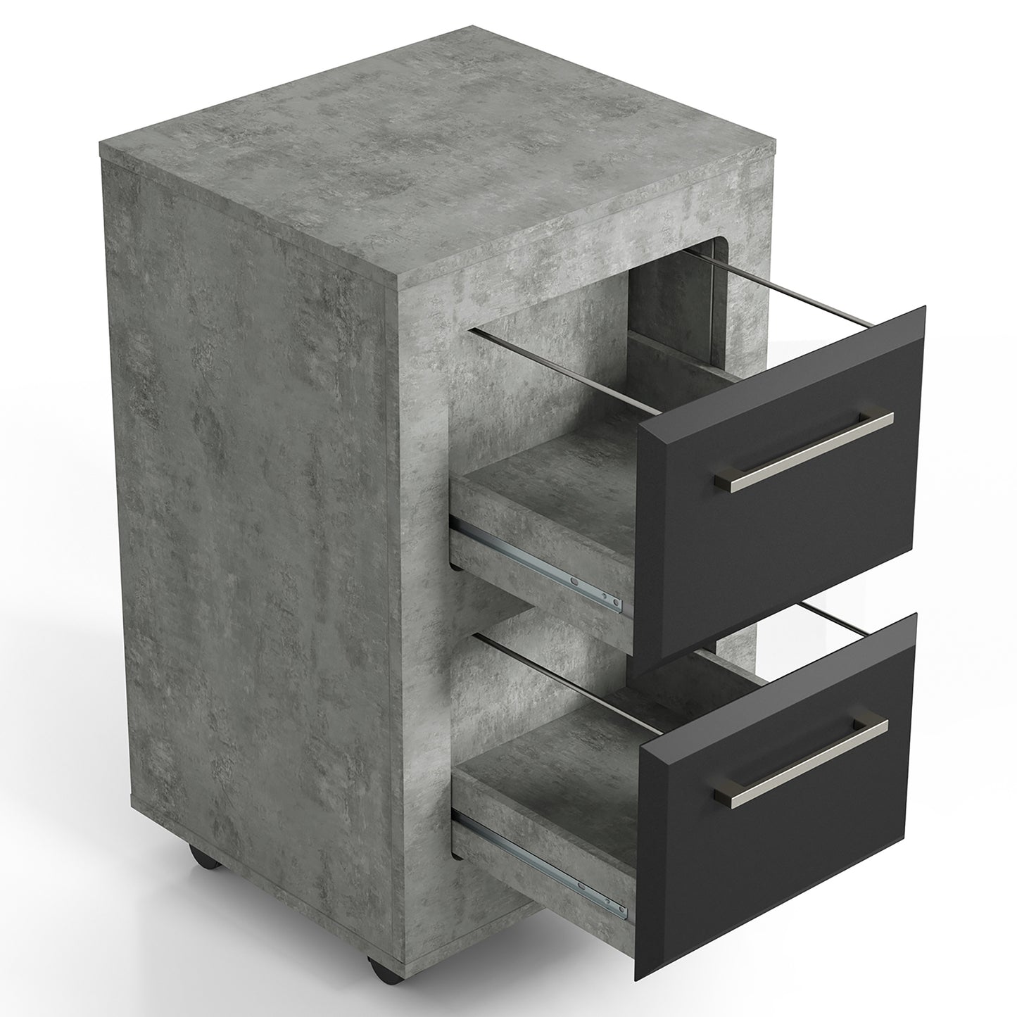 Right angled contemporary cement two-tone two-drawer mobile file cabinet with both drawers open on a white background