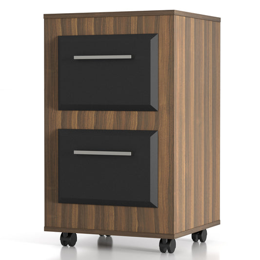 Left angled contemporary light walnut two-tone two-drawer mobile file cabinet on a white background