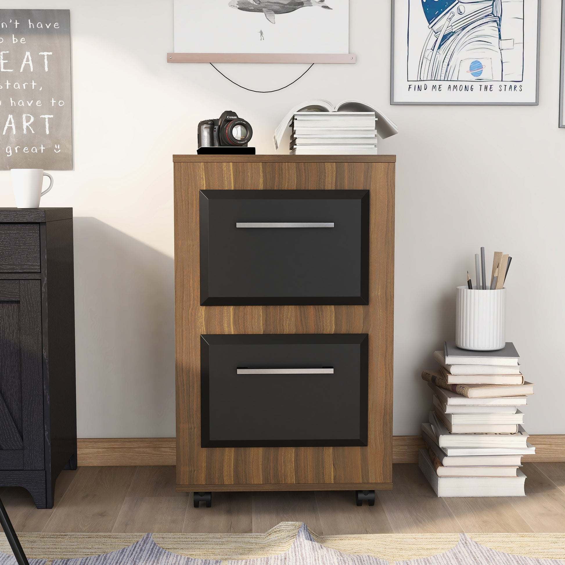 Front-facing contemporary light walnut two-tone two-drawer mobile file cabinet in a home office with accessories