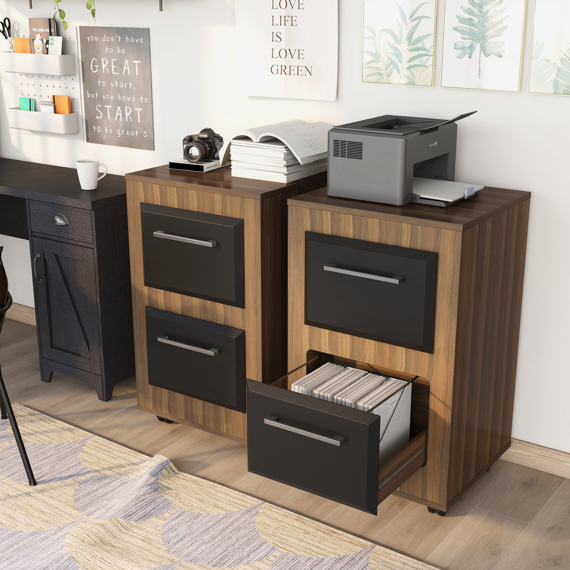 Left angled contemporary light walnut two-tone two-drawer mobile file cabinet with drawer open and a second cabinet also shown in a home office with accessories