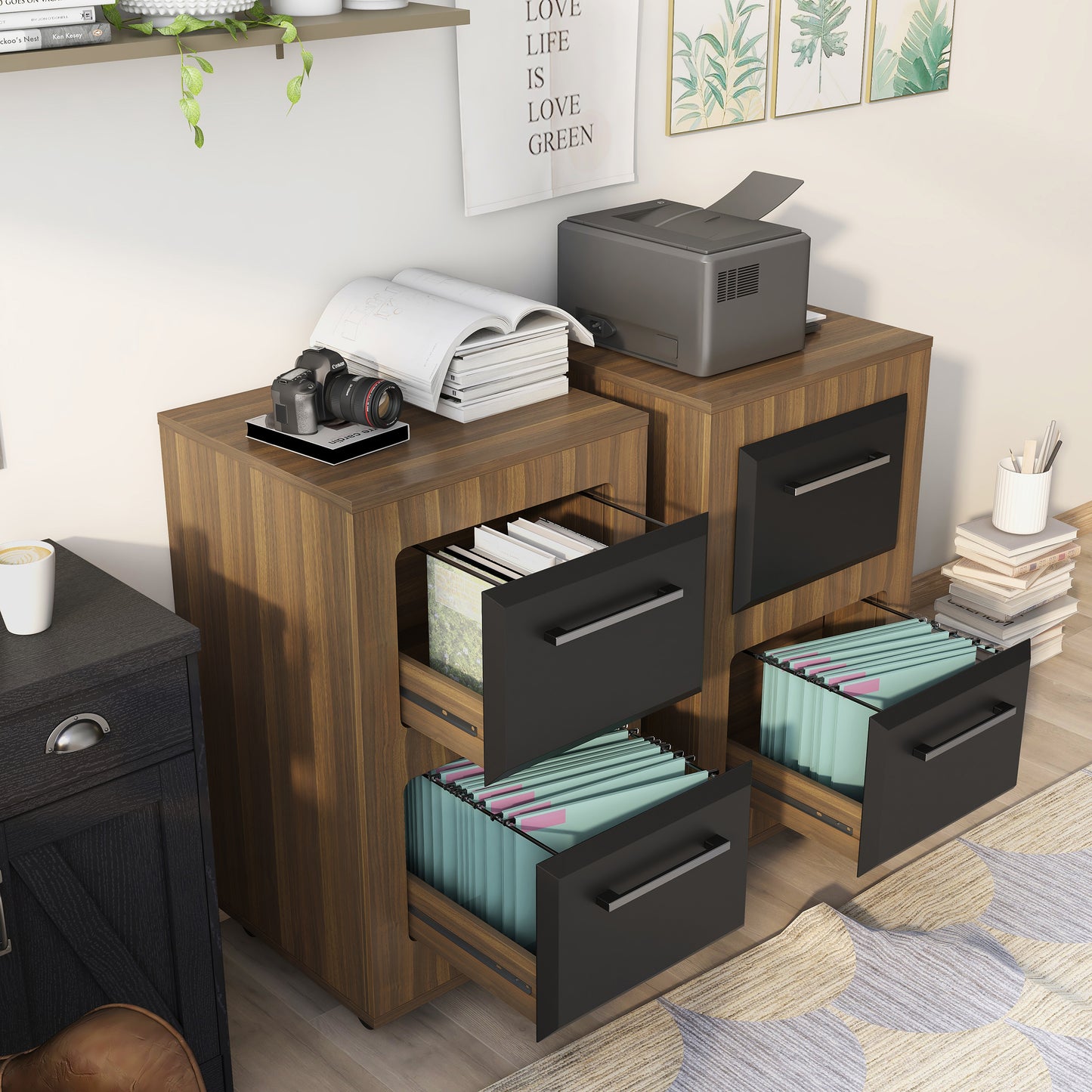 Left angled contemporary light walnut two-tone two-drawer mobile file cabinet with drawers open and a second cabinet also shown in a home office with accessories