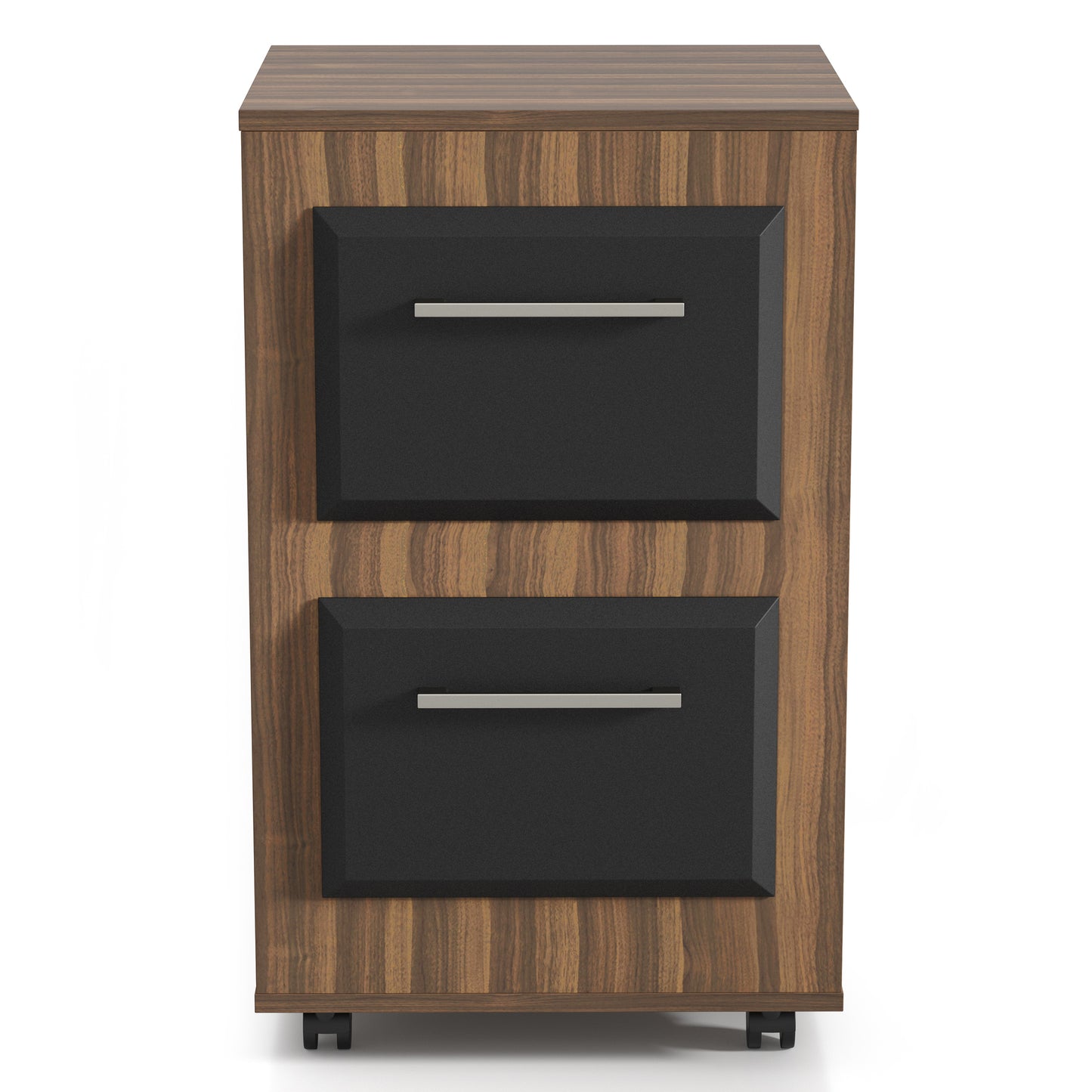 Front-facing contemporary light walnut two-tone two-drawer mobile file cabinet on a white background