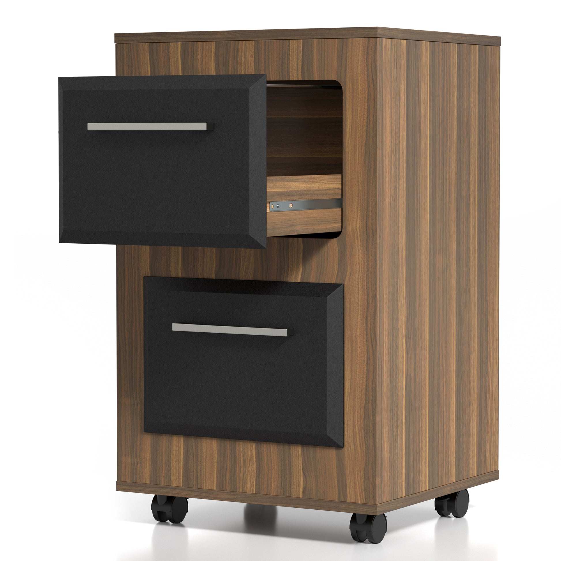 Left angled contemporary light walnut two-tone two-drawer mobile file cabinet with top drawer open on a white background
