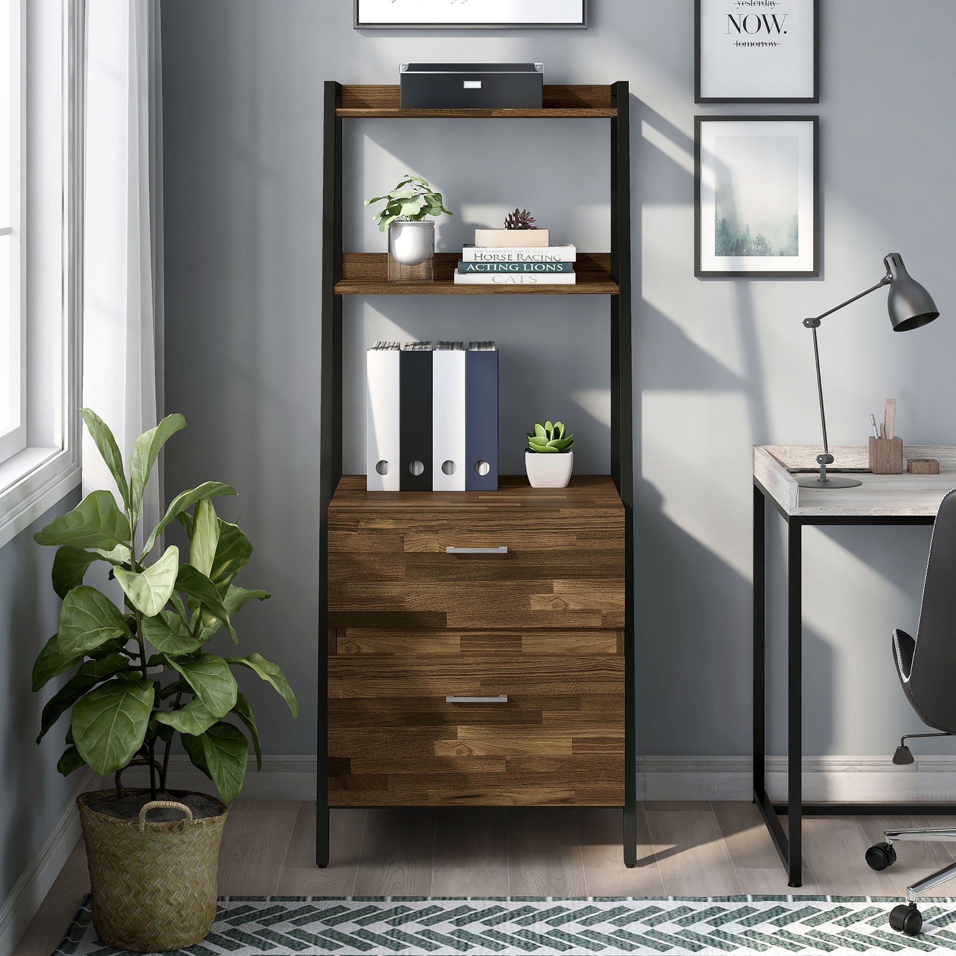 Front-facing contemporary light hickory and black angular two-shelf bookcase with two-drawer file cabinet in a home office with accessories